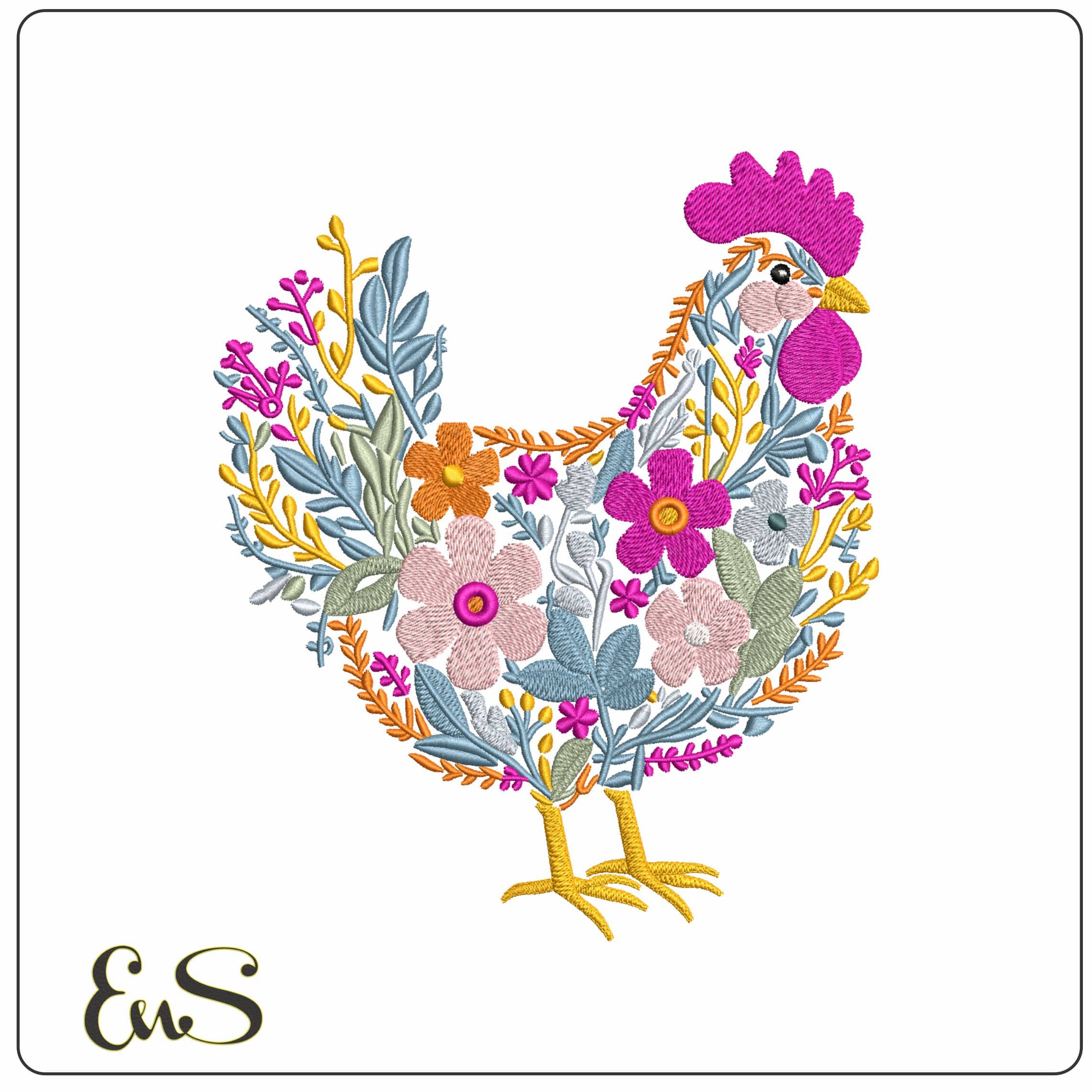 Floral chicken- Elegant embroidery design file - instant download