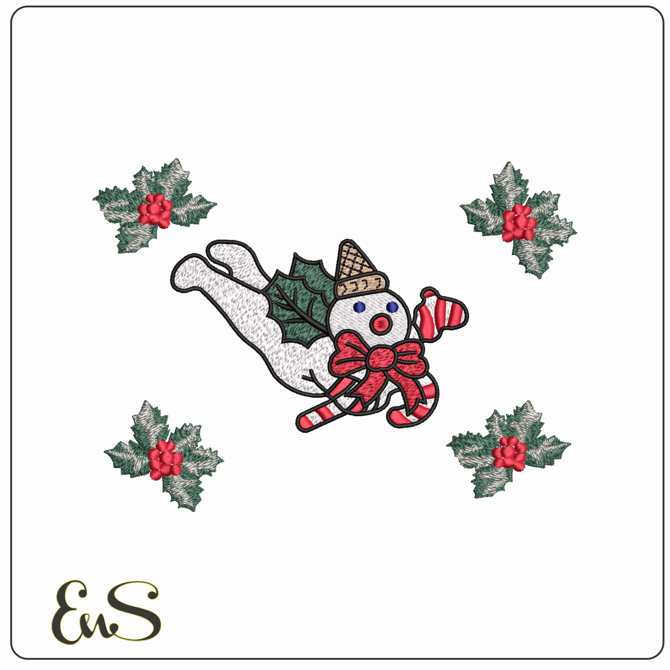 Flying Snowman with Holly Wreath- Elegant embroidery design file - instant download