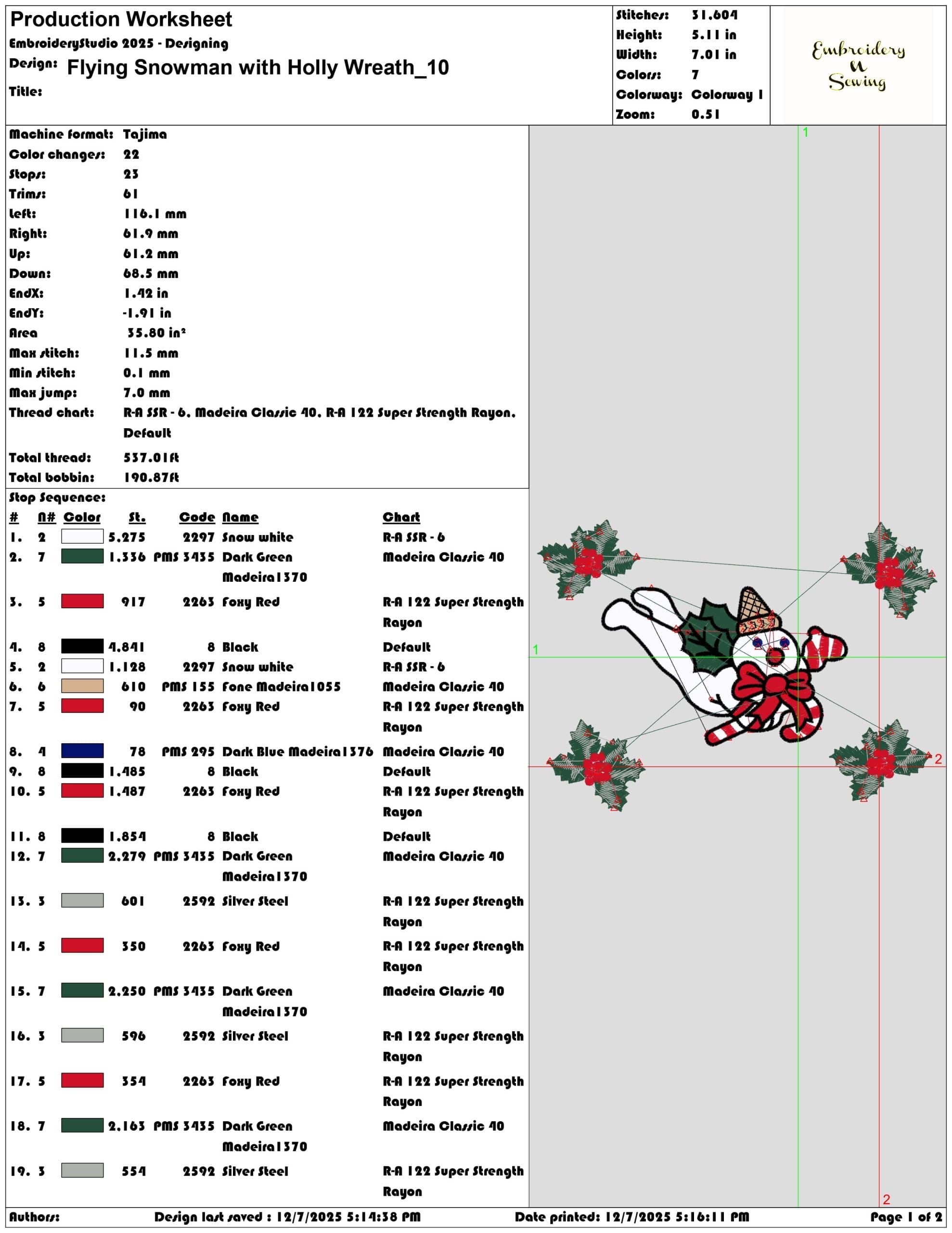 Flying Snowman with Holly Wreath- Elegant embroidery design file - instant download — view 3