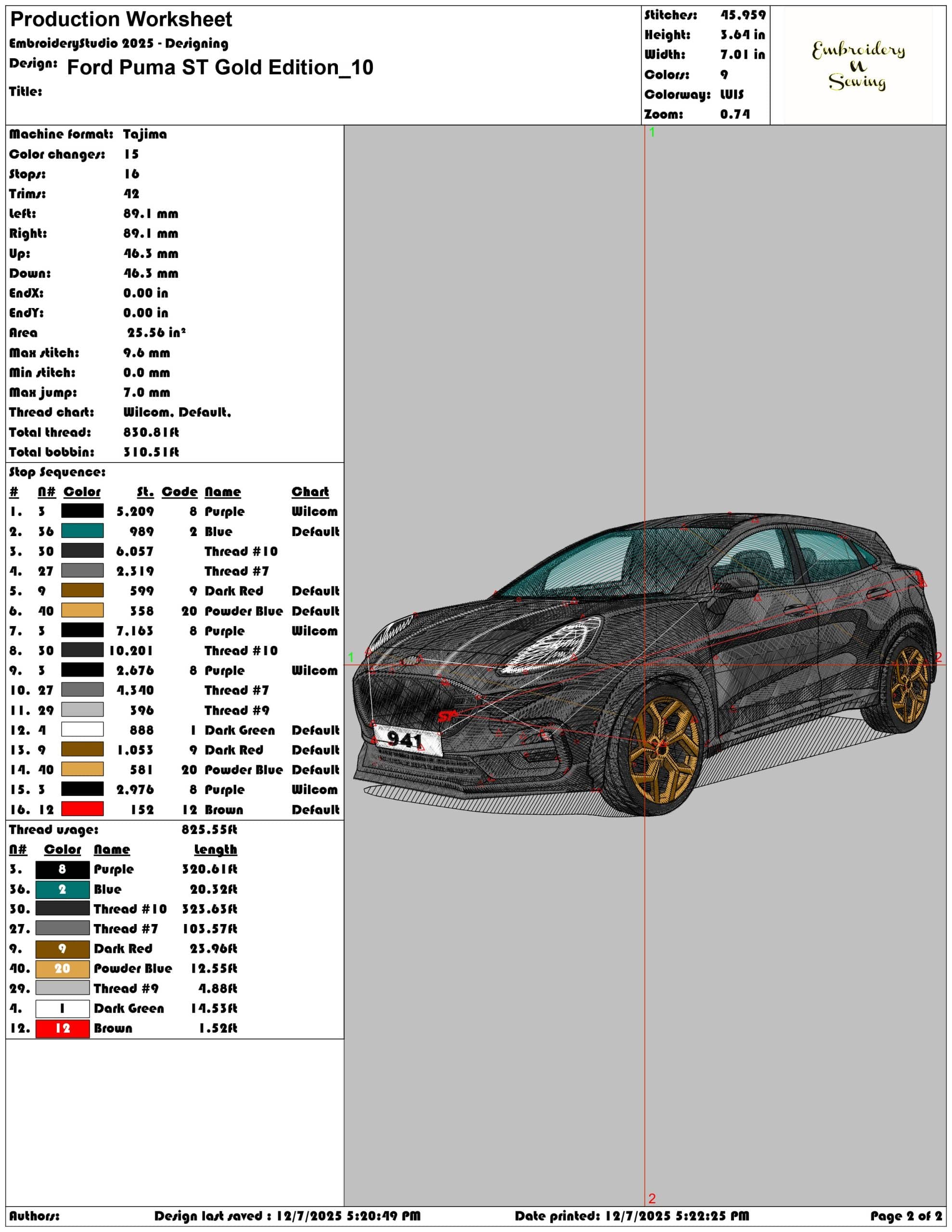 Ford Puma ST Gold Edition- Elegant embroidery design file - instant download — view 3