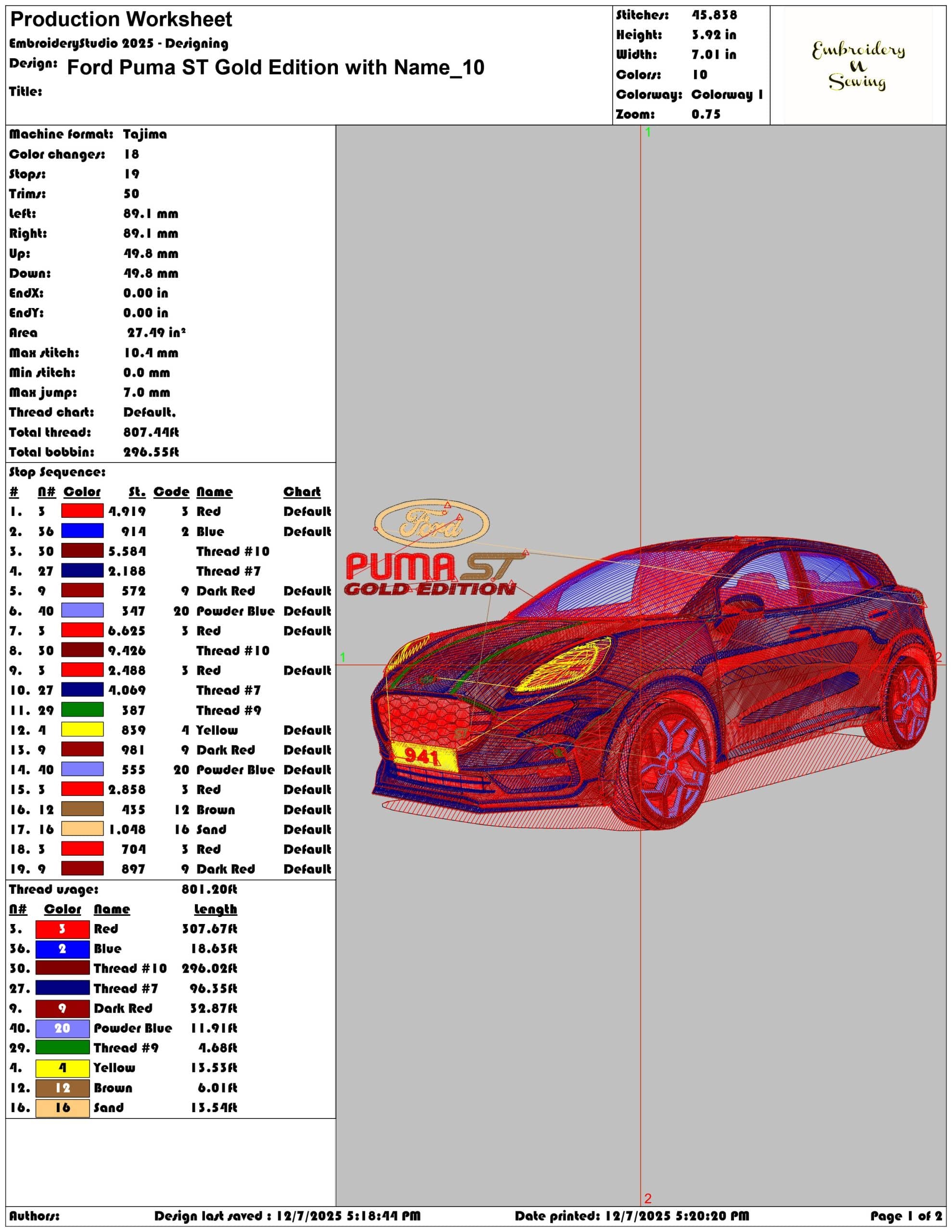 Ford Puma ST Gold Edition with Name- Elegant embroidery design file - instant download — view 3