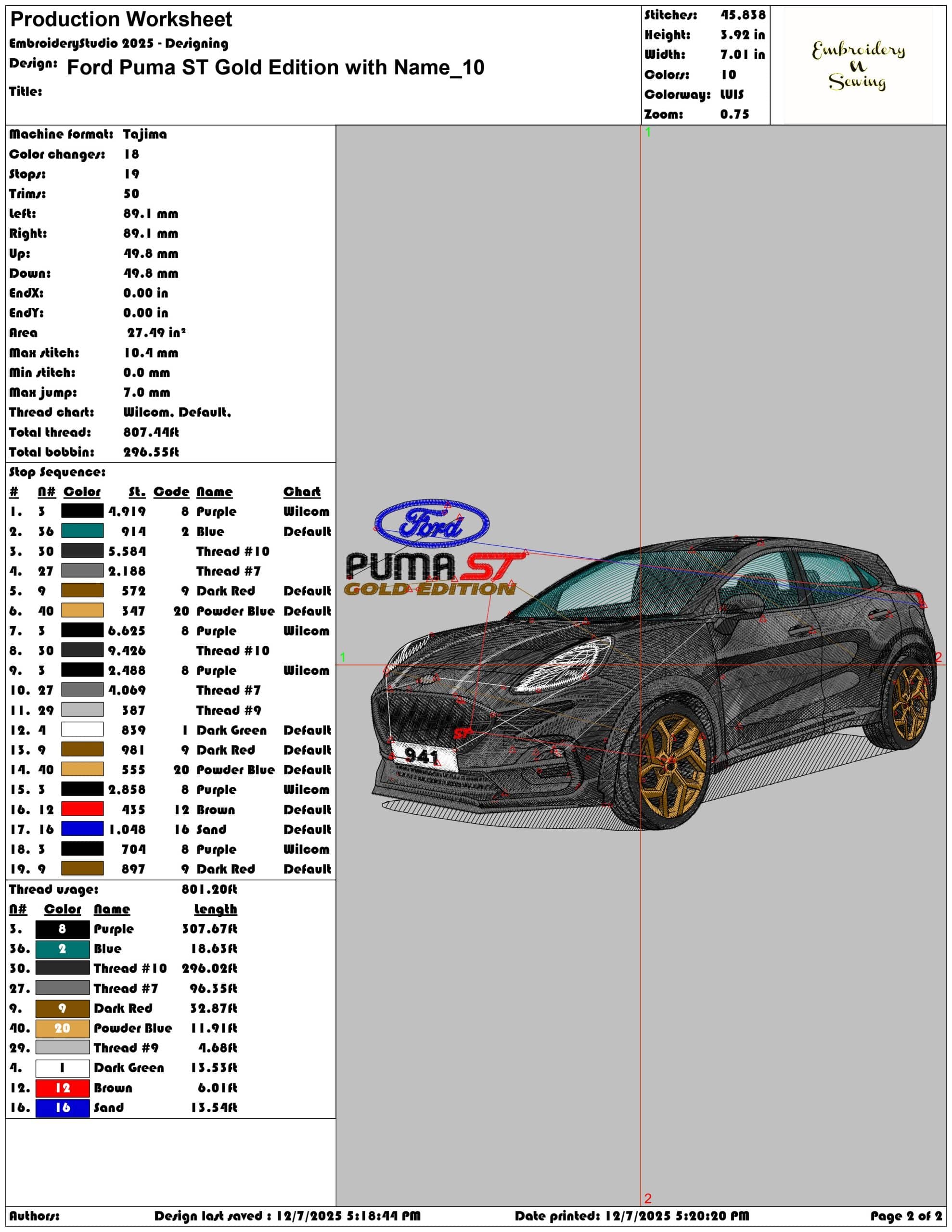 Ford Puma ST Gold Edition with Name- Elegant embroidery design file - instant download — view 4