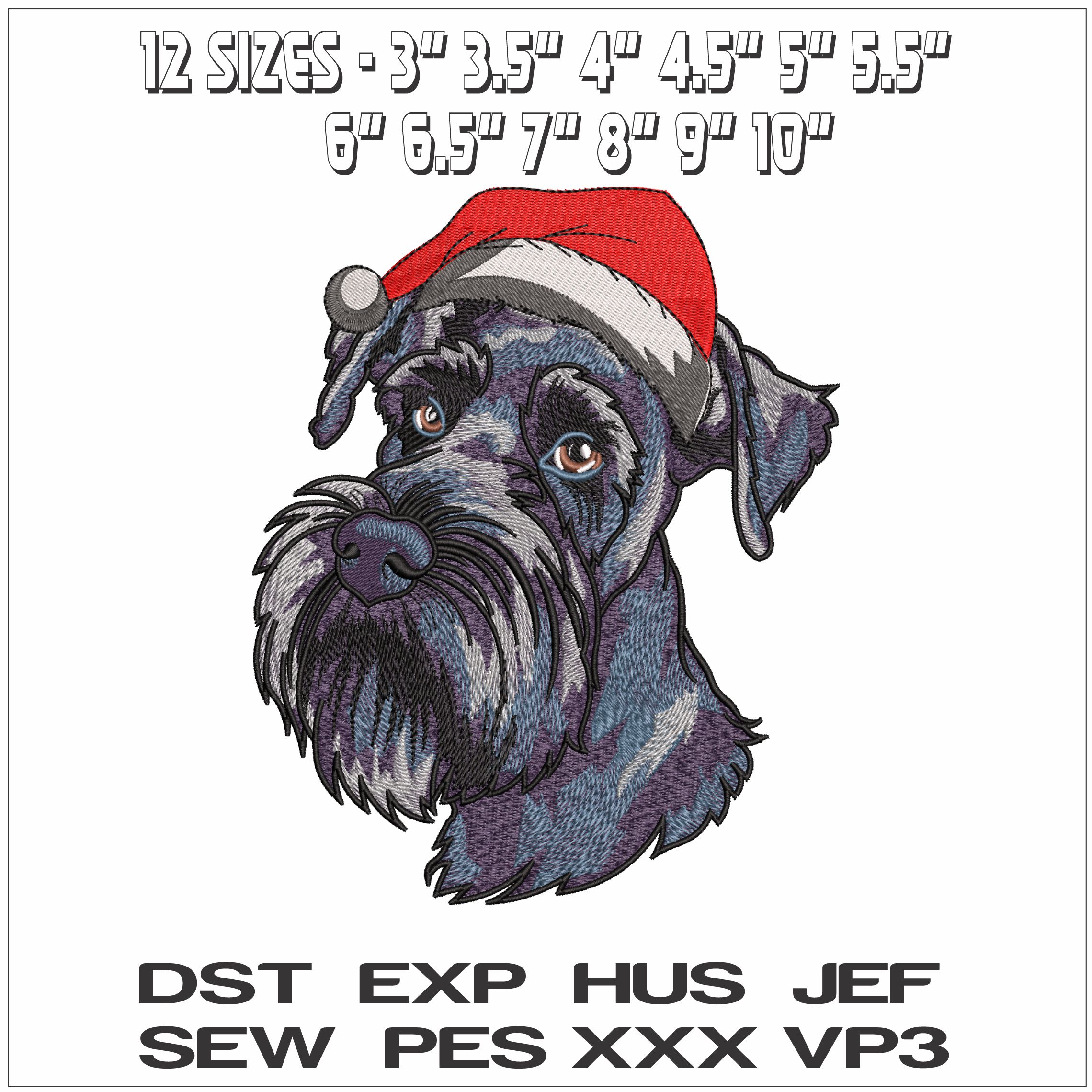 German Schnauzer Dog Head with Christmas Hat- Elegant embroidery design file - instant download — view 2