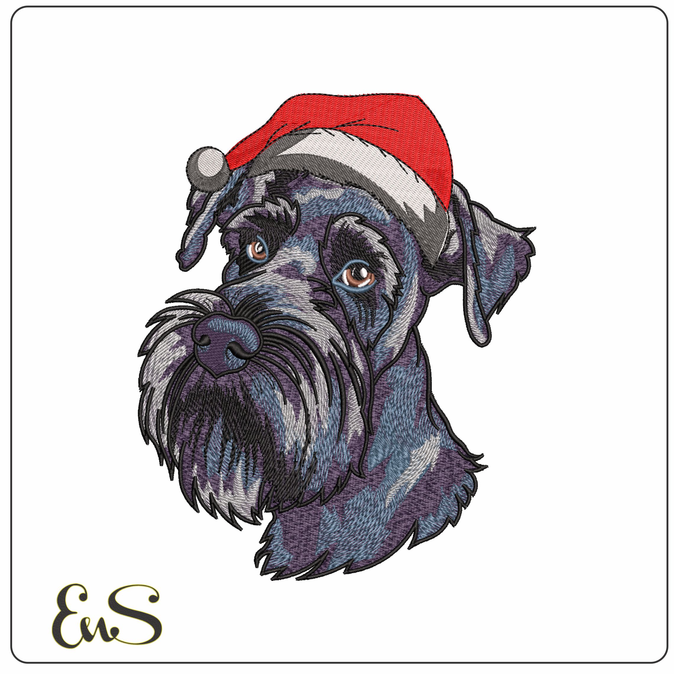 German Schnauzer Dog Head with Christmas Hat- Elegant embroidery design file - instant download