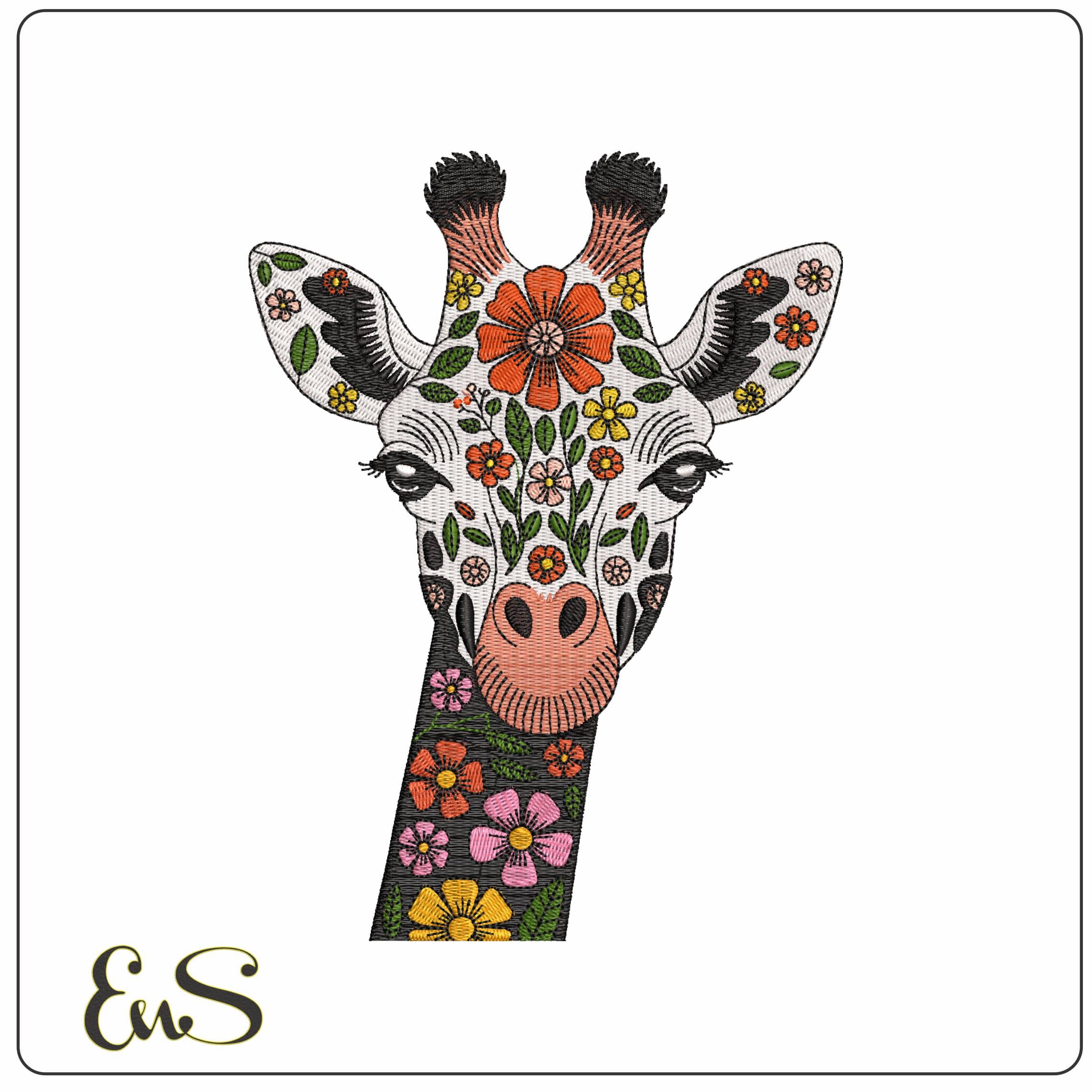 Giraffe Head with Flowers- Elegant embroidery design file - instant download