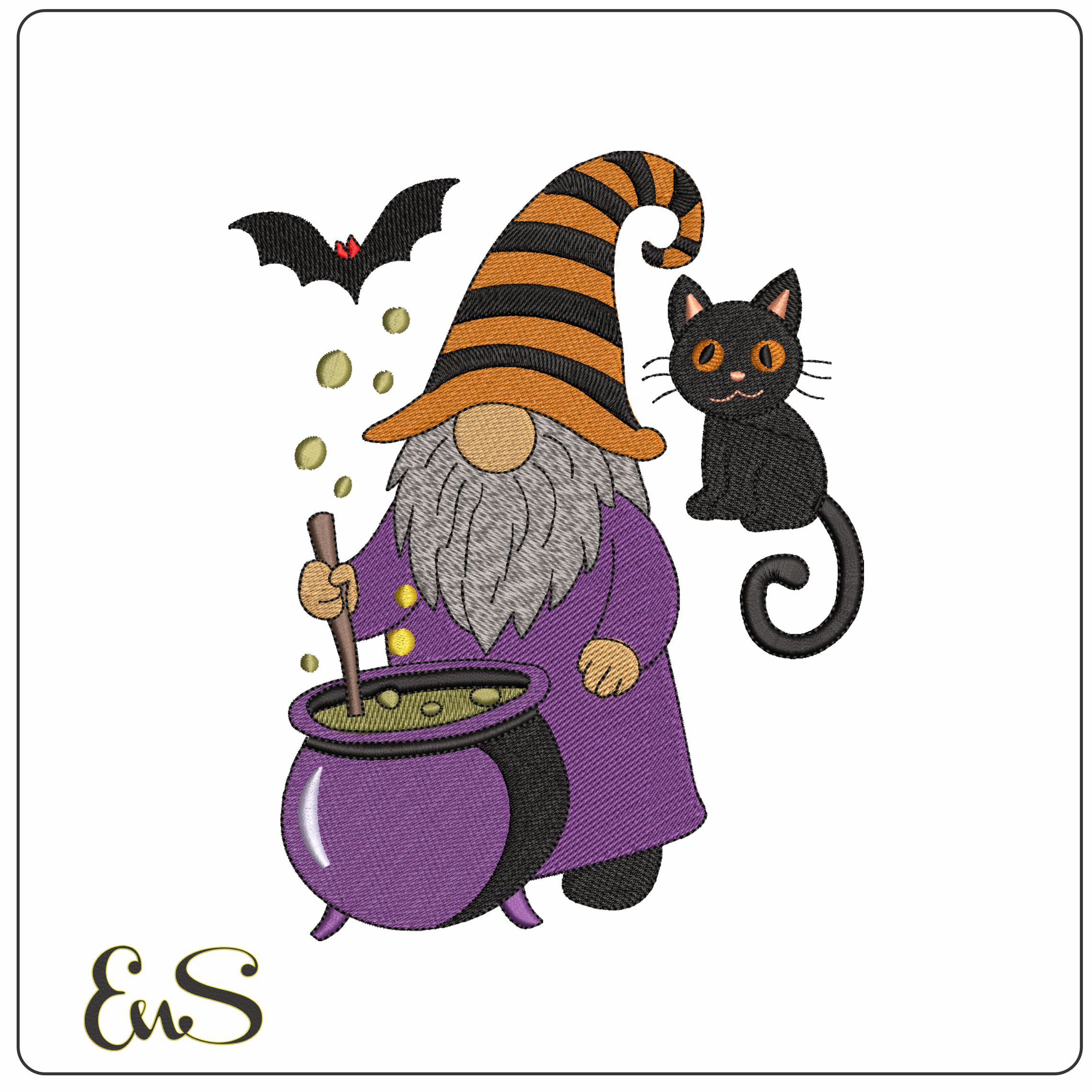 Gnome Wizard with Cauldron- Elegant embroidery design file - instant download