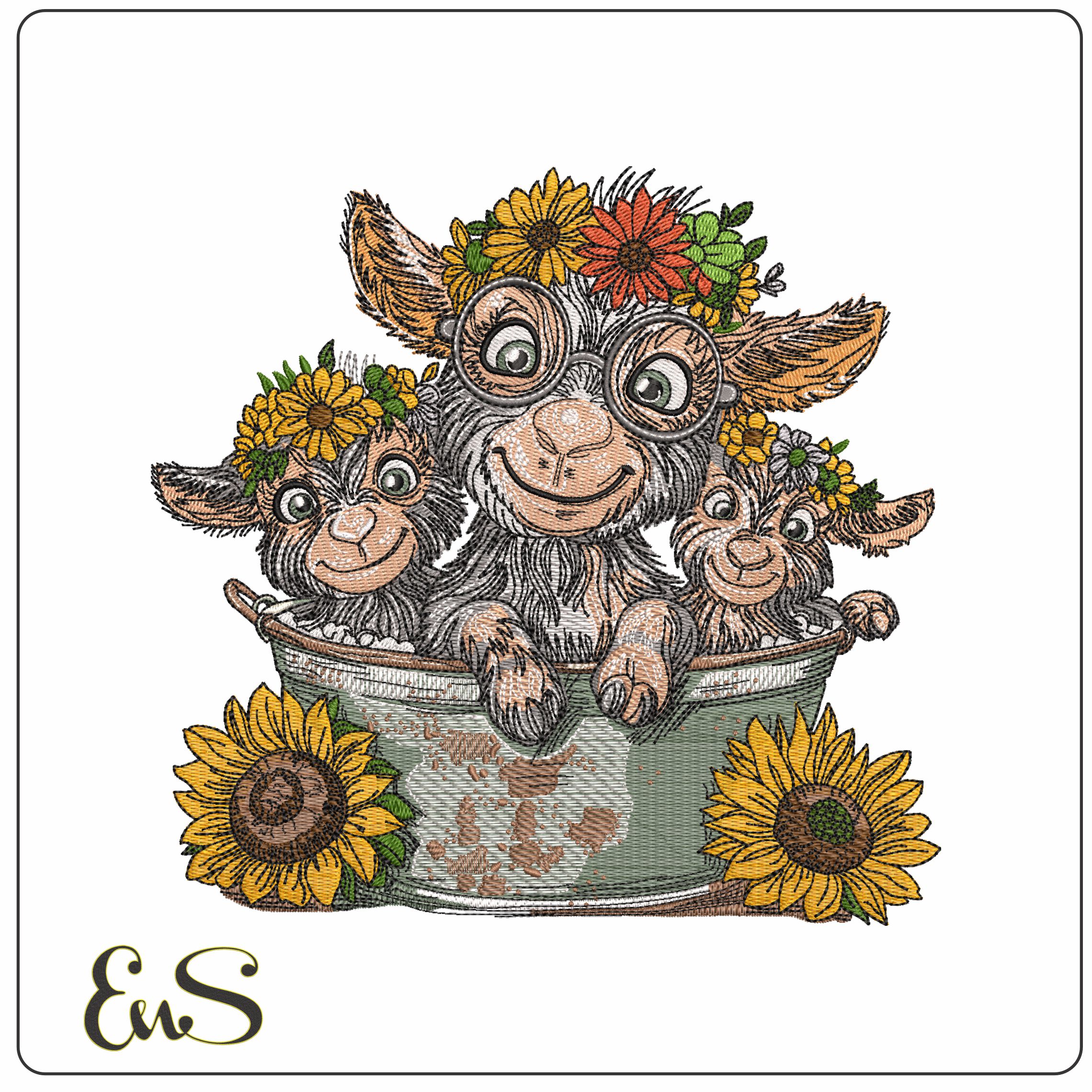 Goats in Bath with Flowers- Elegant embroidery design file - instant download