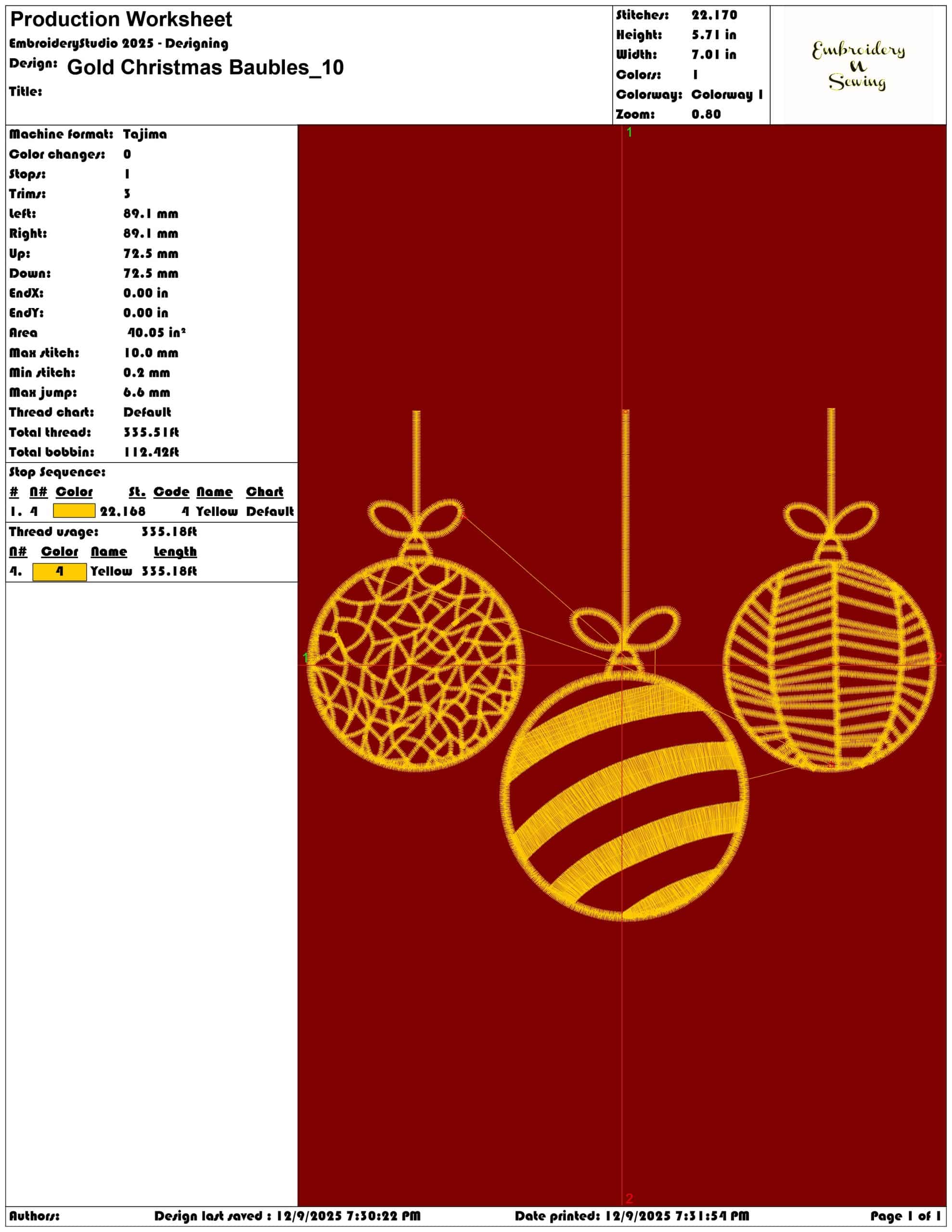 Gold Christmas Baubles- Elegant embroidery design file - instant download — view 3