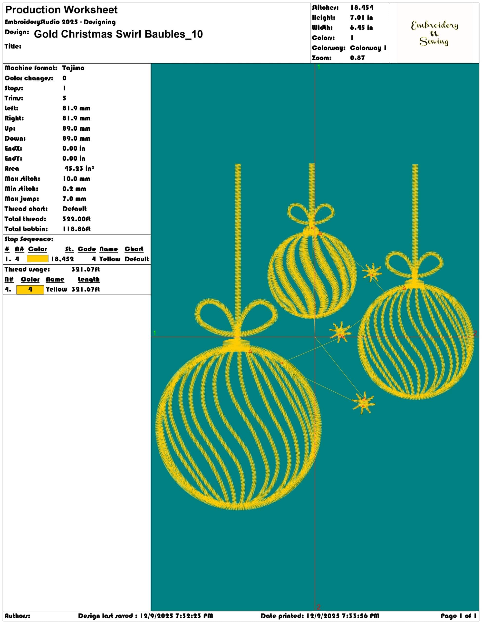 Gold Christmas Swirl Baubles- Elegant embroidery design file - instant download — view 3
