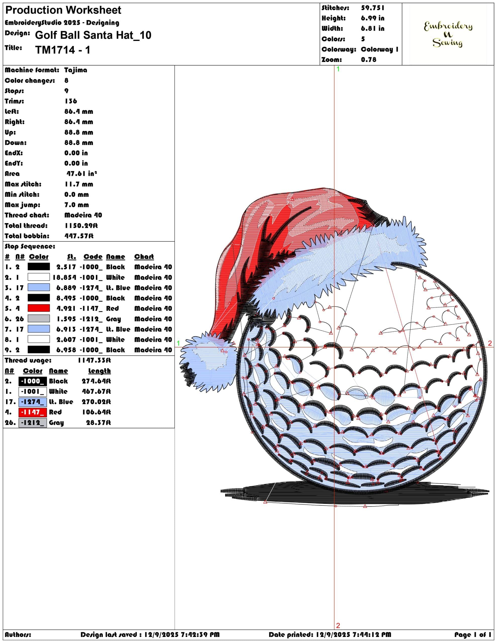 Golf Ball Santa Hat- Elegant embroidery design file - instant download — view 3