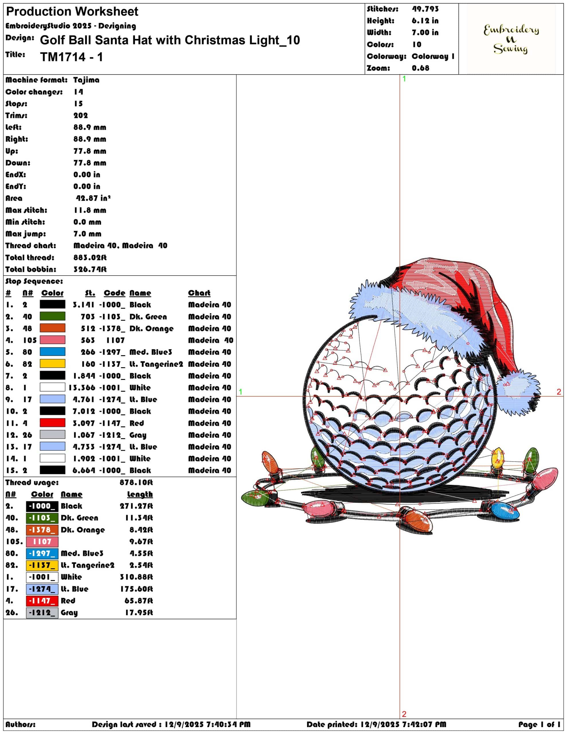 Golf Ball Santa Hat with Christmas Light- Elegant embroidery design file - instant download — view 3