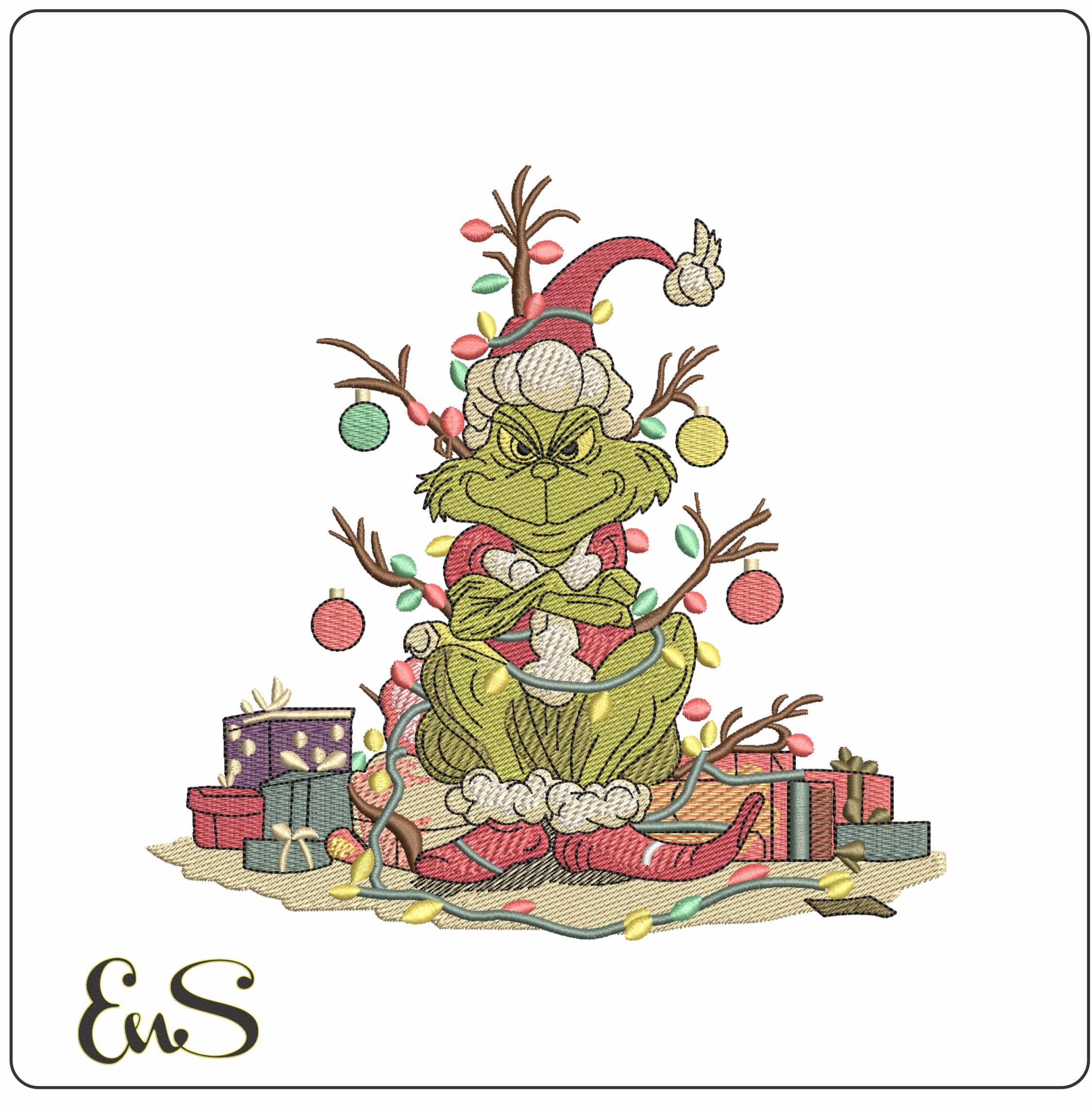Grinch Christmas Tree and Presents- Elegant embroidery design file - instant download