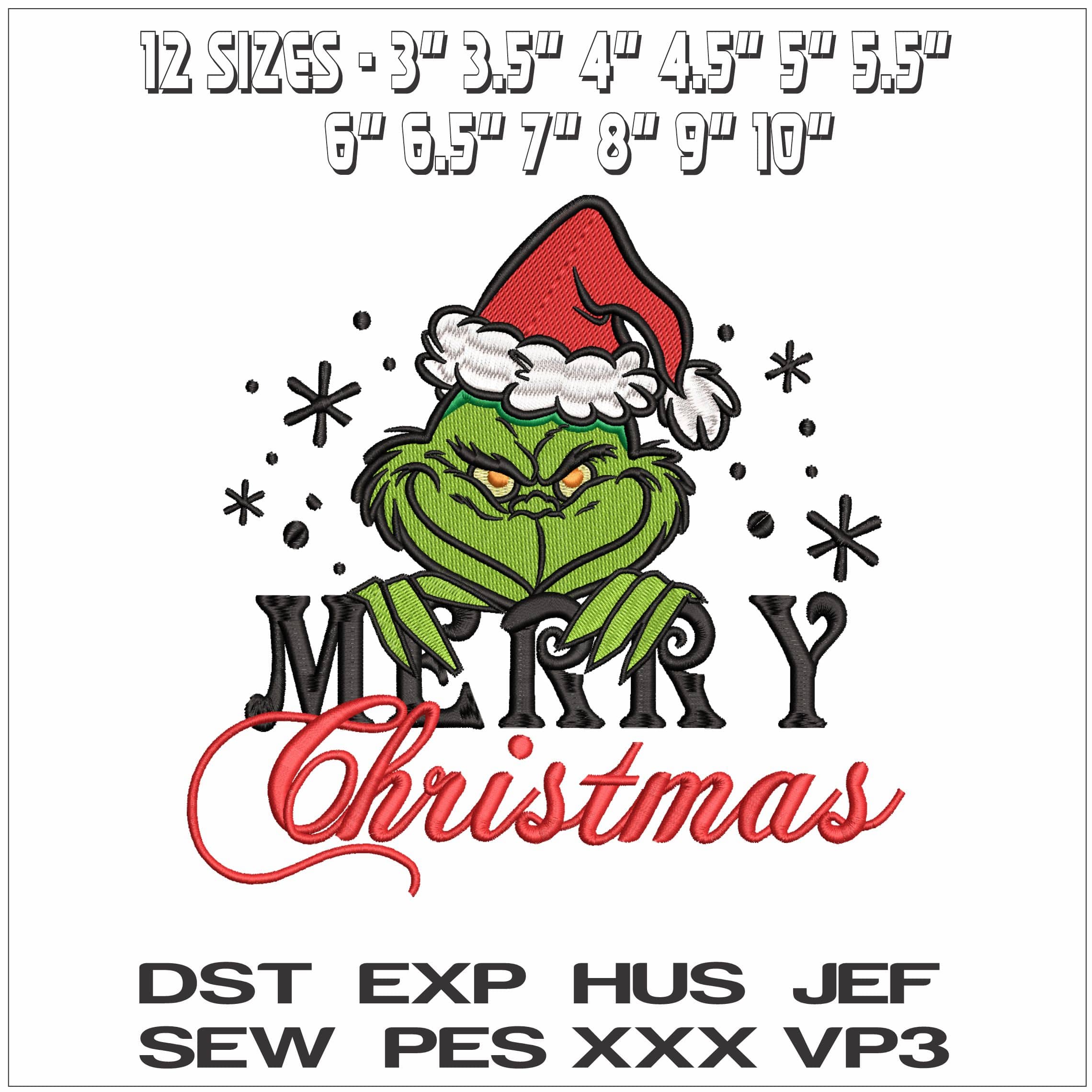 Grinch Head Merry Christmas- Elegant embroidery design file - instant download — view 2