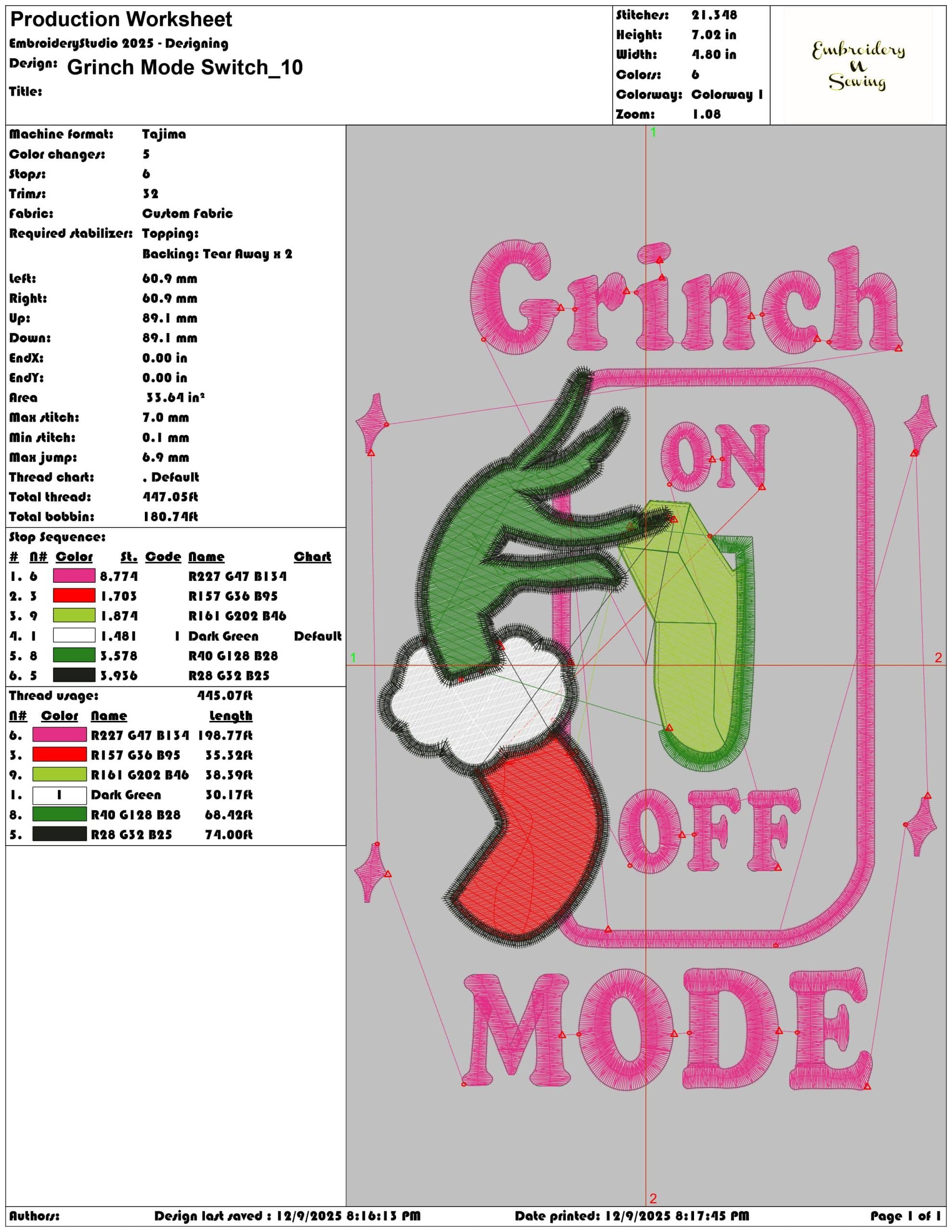 Grinch Mode Switch- Elegant embroidery design file - instant download — view 3