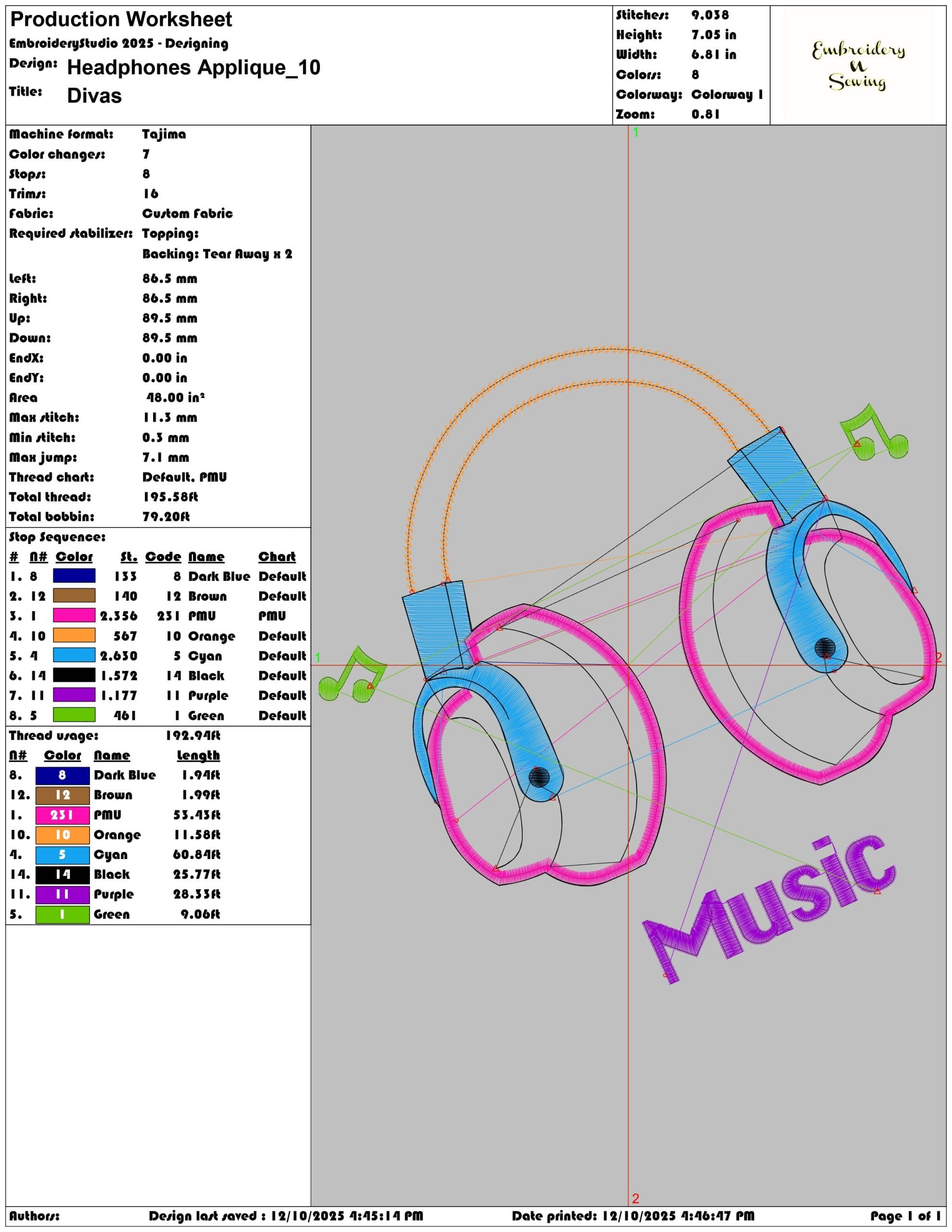 Headphones Applique- Elegant embroidery design file - instant download — view 3