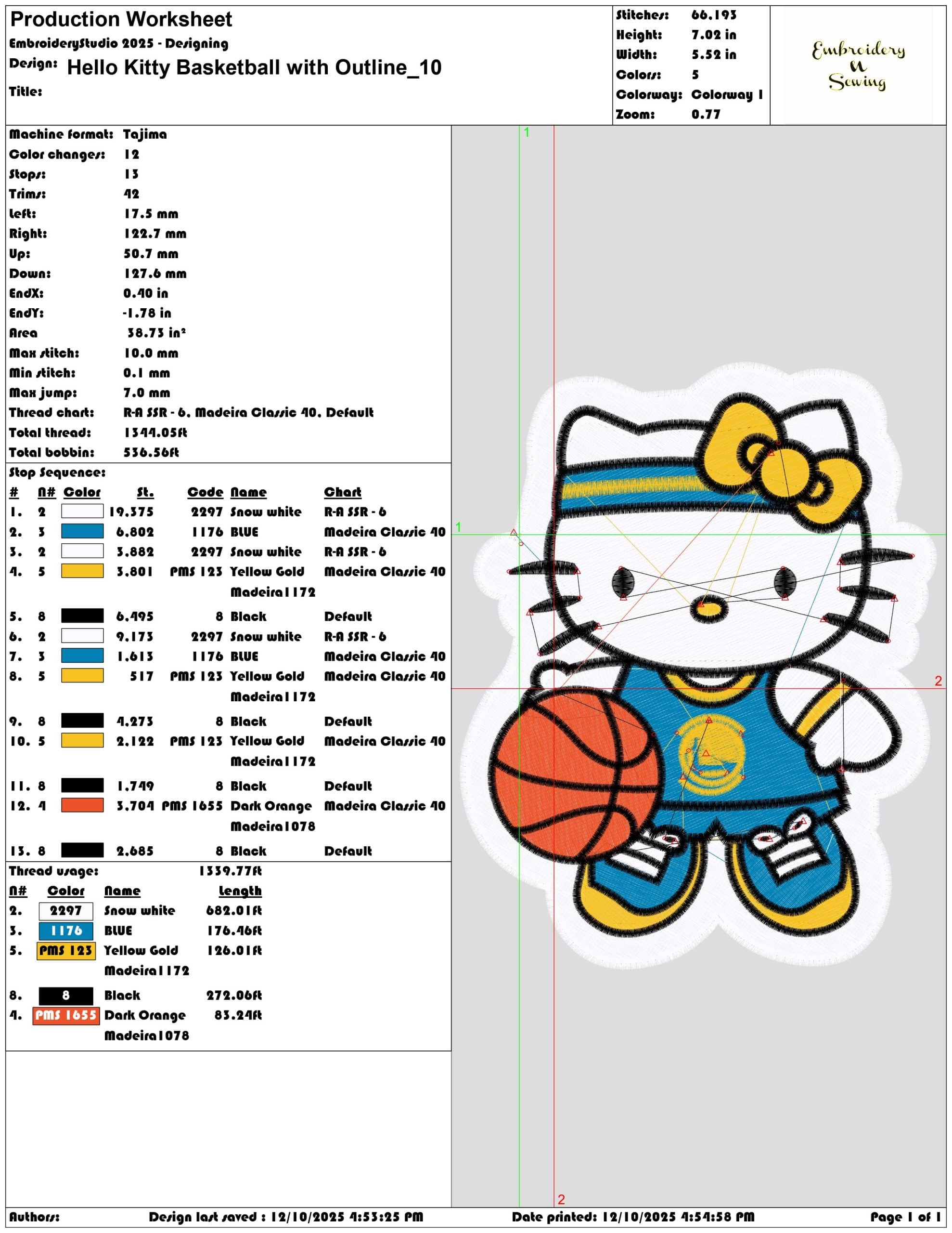 Hello Kitty Basketball with Outline- Elegant embroidery design file - instant download — view 3