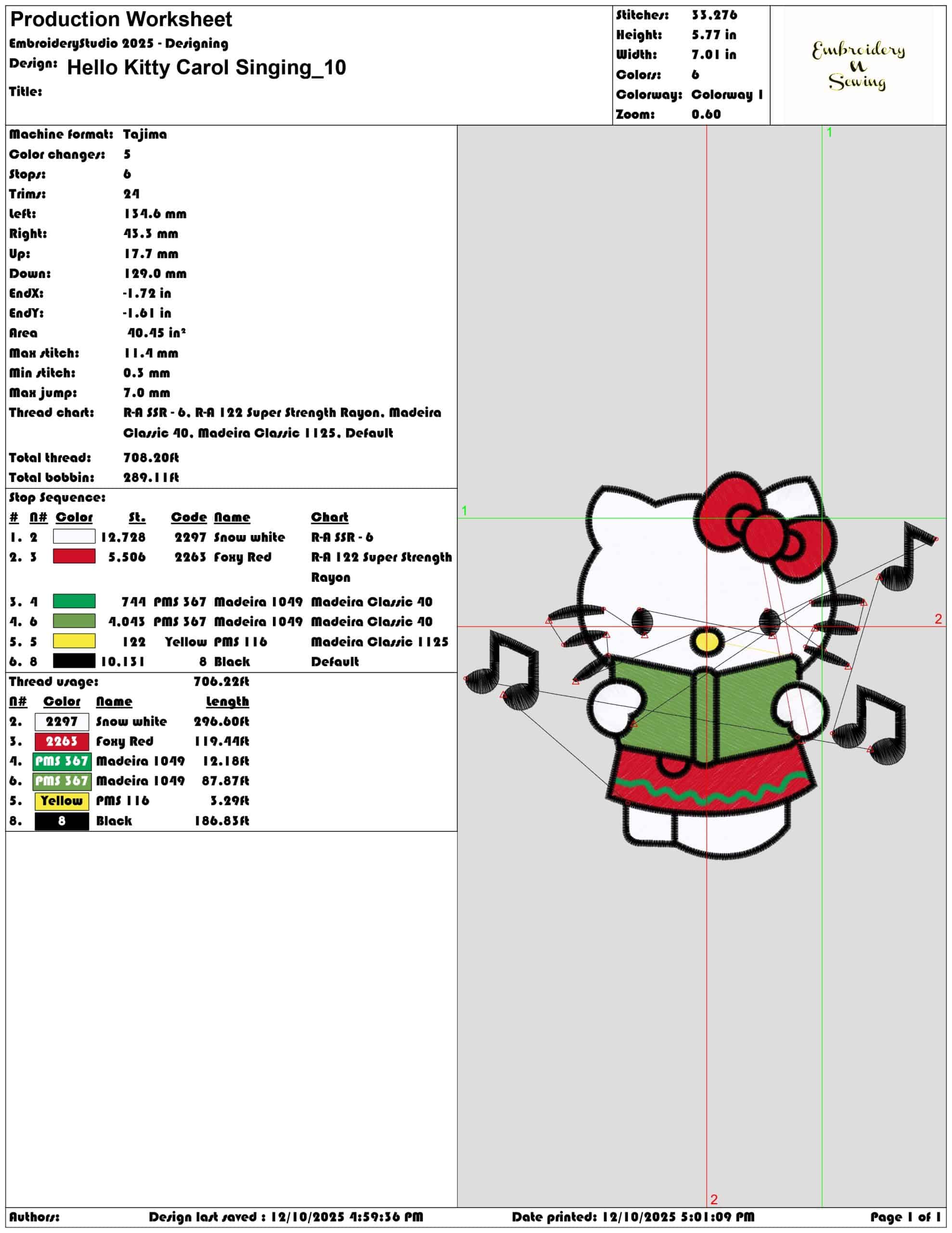 Hello Kitty Carol Singing- Elegant embroidery design file - instant download — view 3