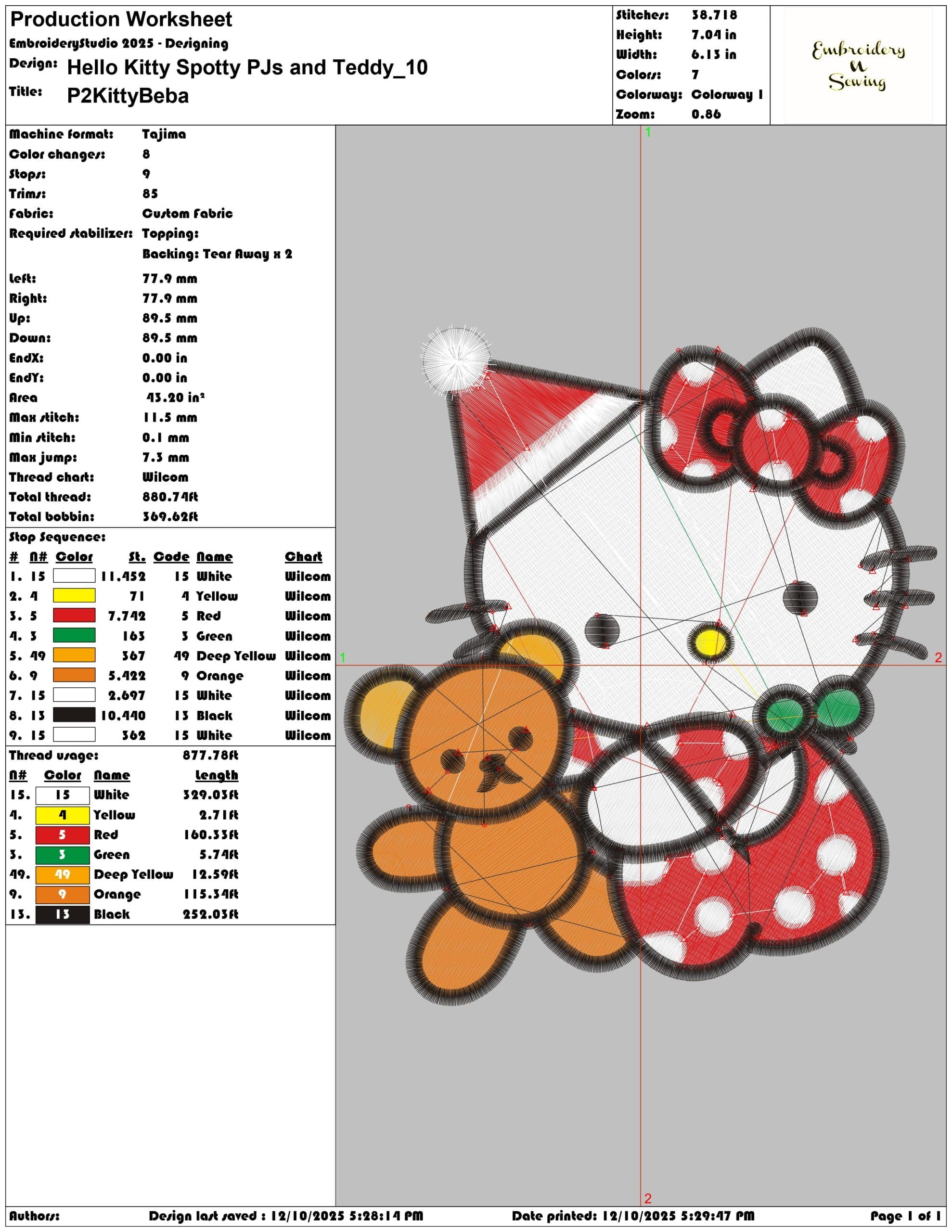Hello Kitty Spotty PJs and Teddy- Elegant embroidery design file - instant download — view 3