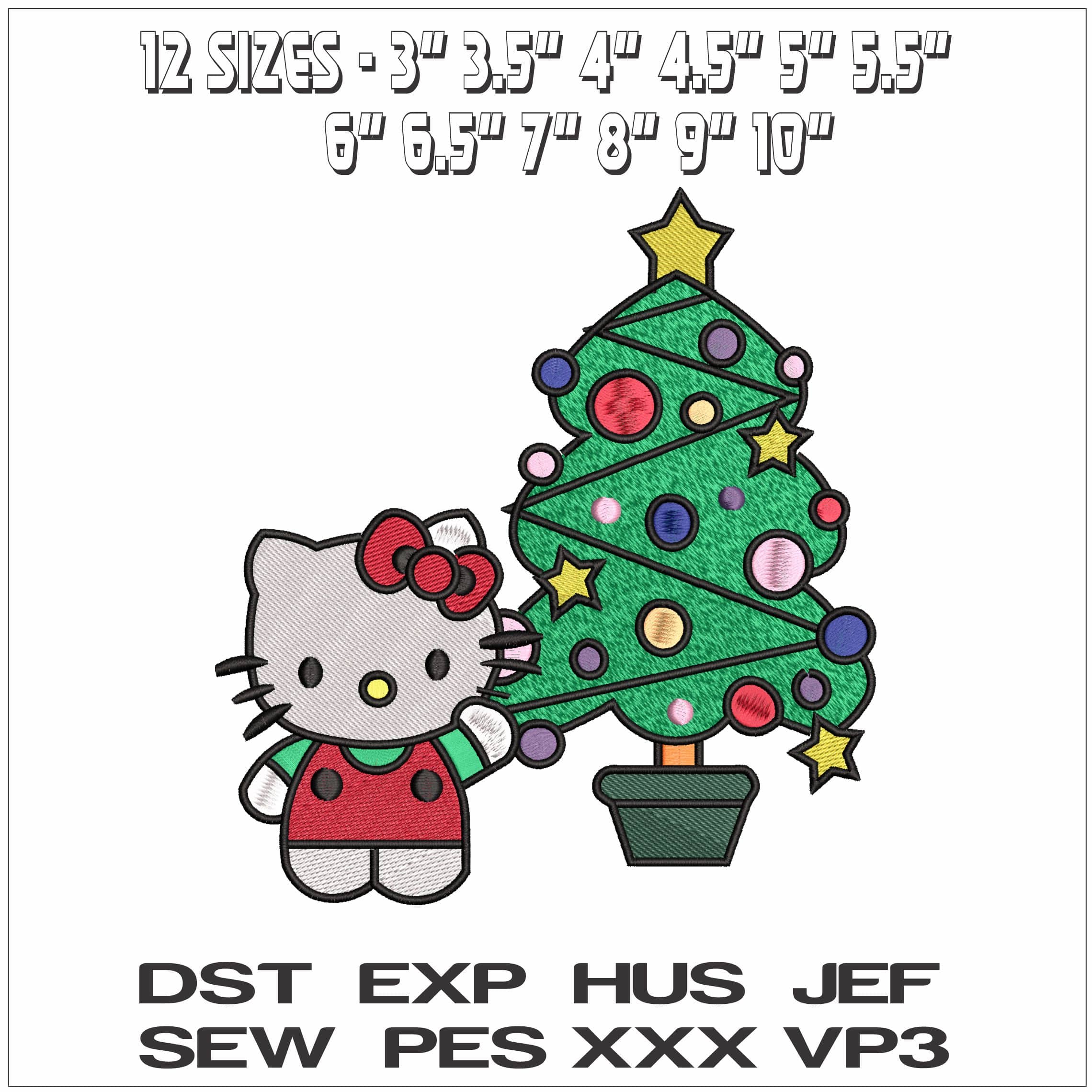 Hello Kitty With Christmas Tree- Elegant embroidery design file - instant download — view 2