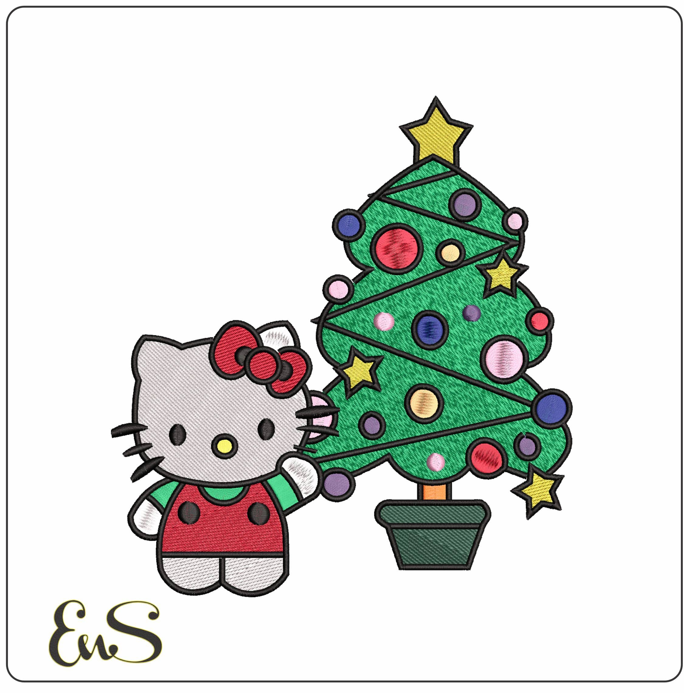 Hello Kitty With Christmas Tree- Elegant embroidery design file - instant download