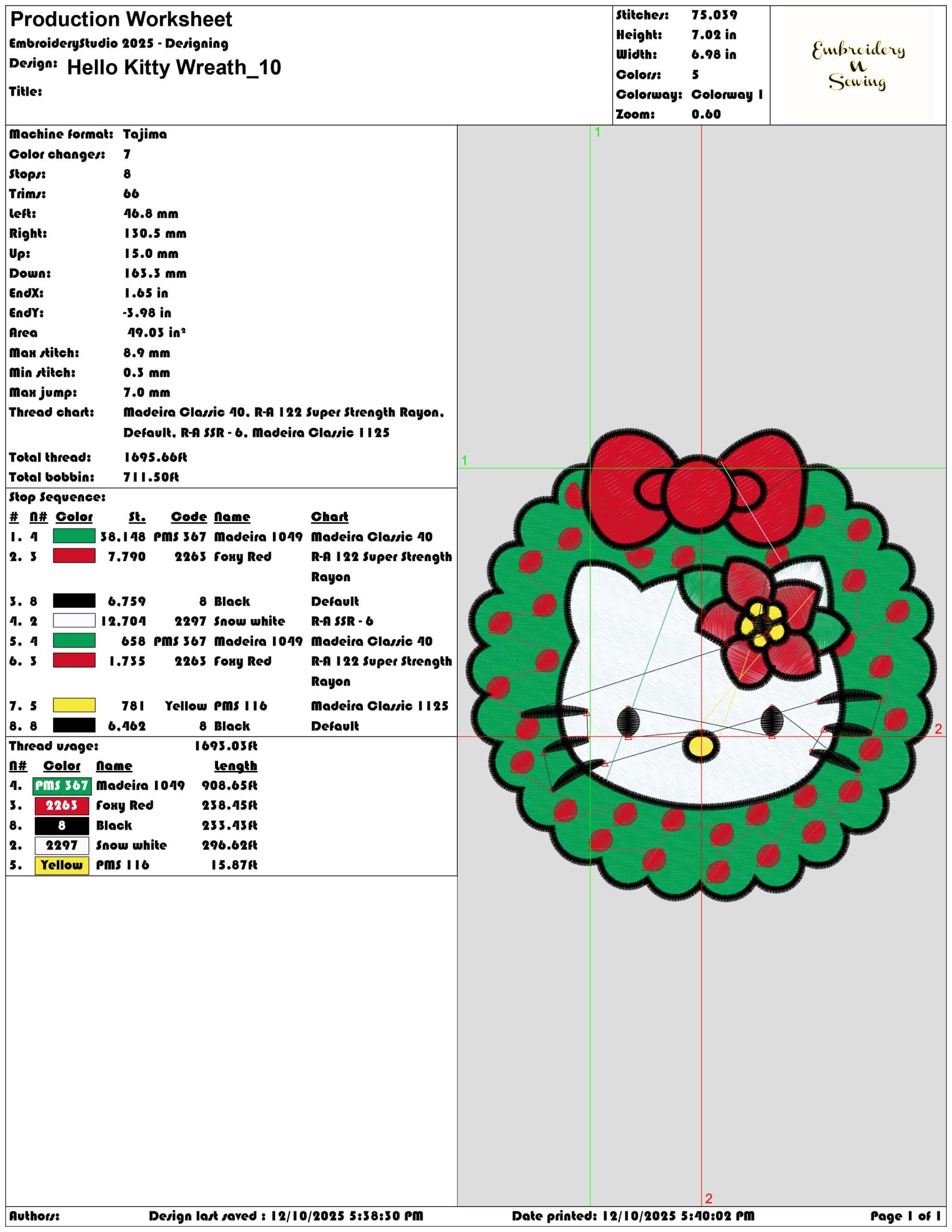 Hello Kitty Wreath- Elegant embroidery design file - instant download — view 3
