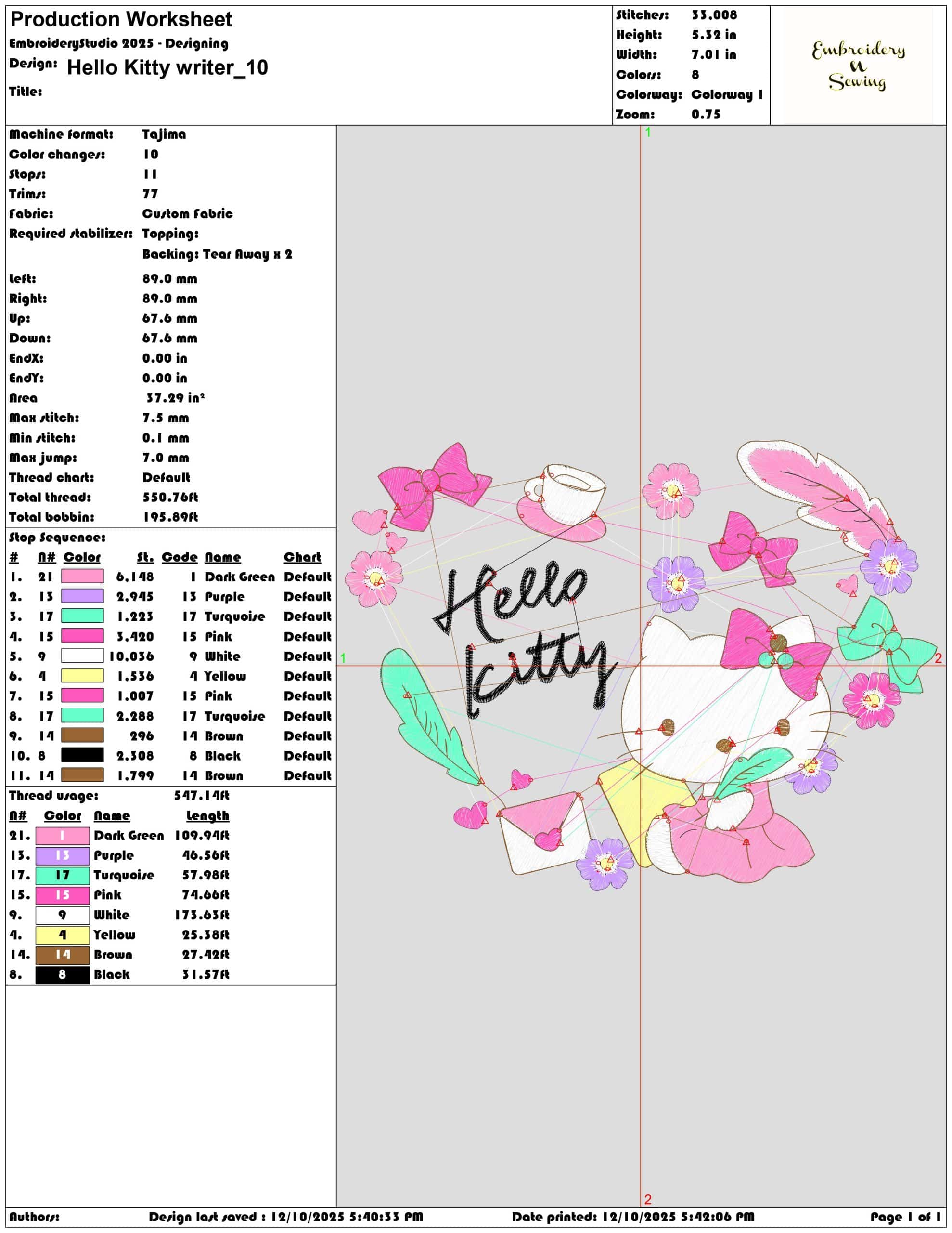 Hello Kitty writer- Elegant embroidery design file - instant download — view 3