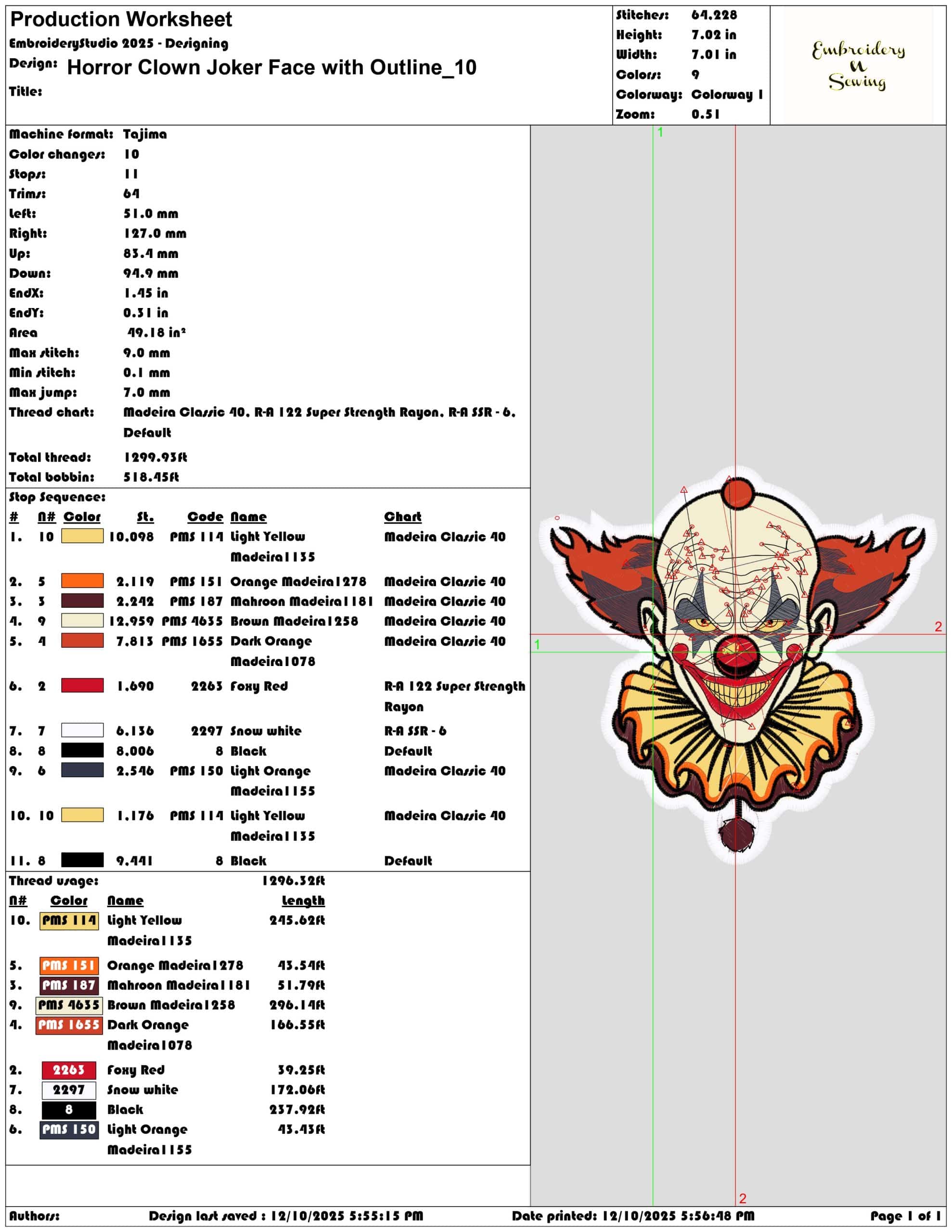 Horror Clown Joker Face with Outline- Elegant embroidery design file - instant download — view 3