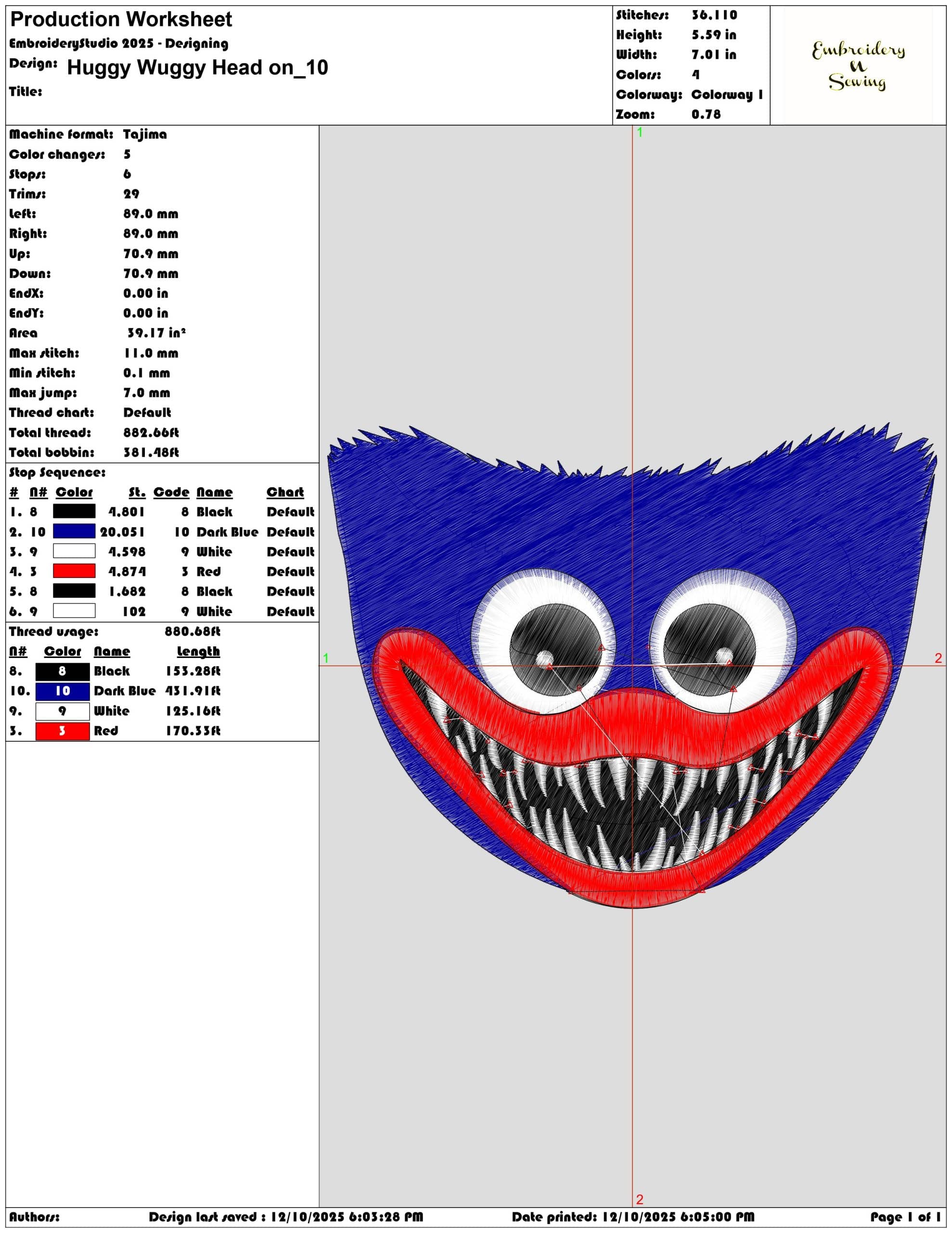 Huggy Wuggy Head- Elegant embroidery design file - instant download — view 3