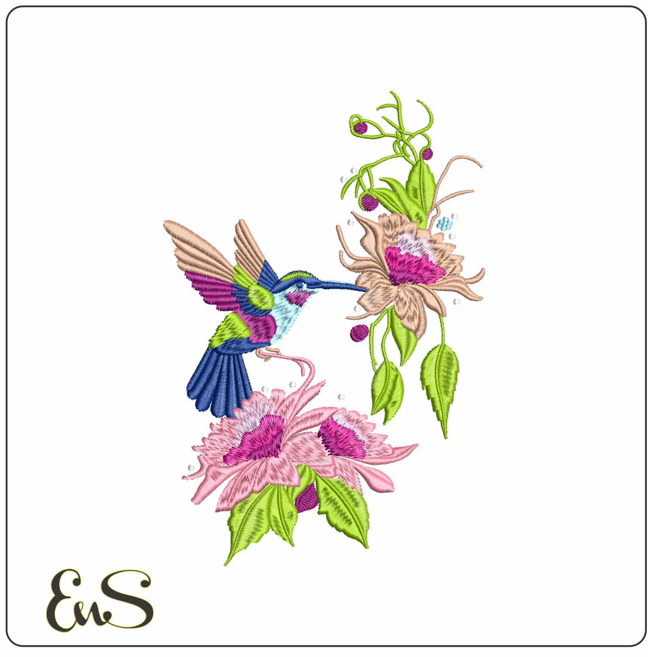 Humming Bird feeding on Flower- Elegant embroidery design file - instant download