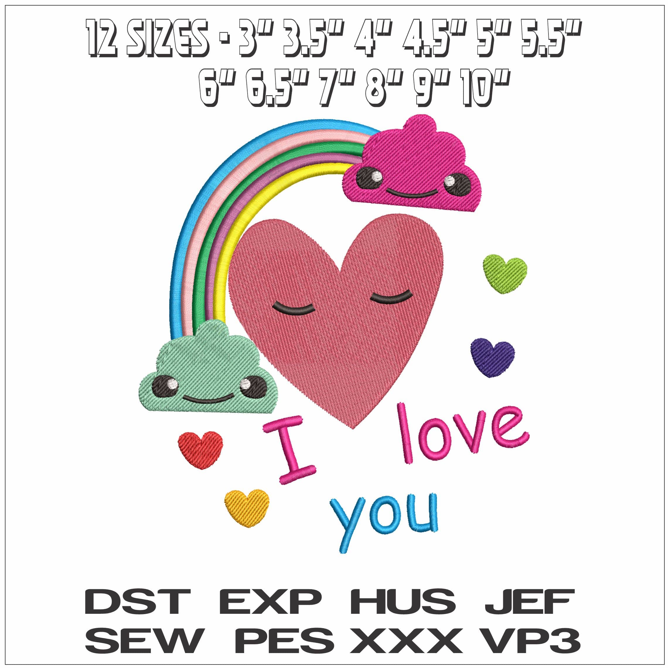 I Love You Heart and Rainbow- Elegant embroidery design file - instant download — view 2