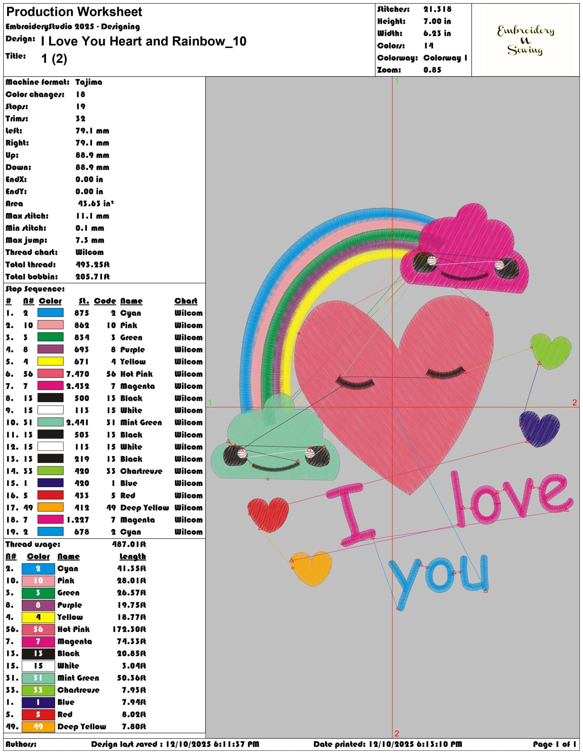 I Love You Heart and Rainbow- Elegant embroidery design file - instant download — view 3
