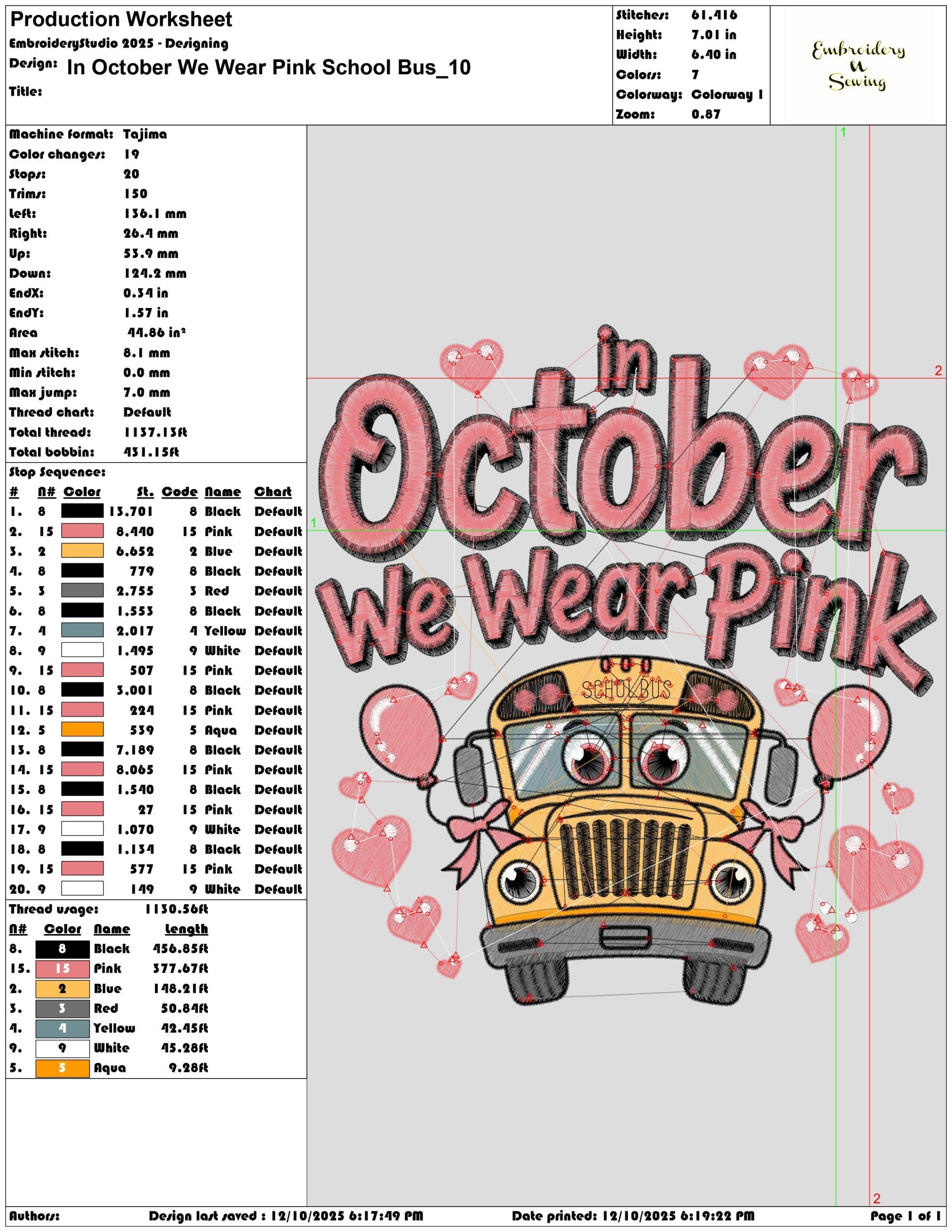 In October We Wear Pink School Bus- Elegant embroidery design file - instant download — view 3