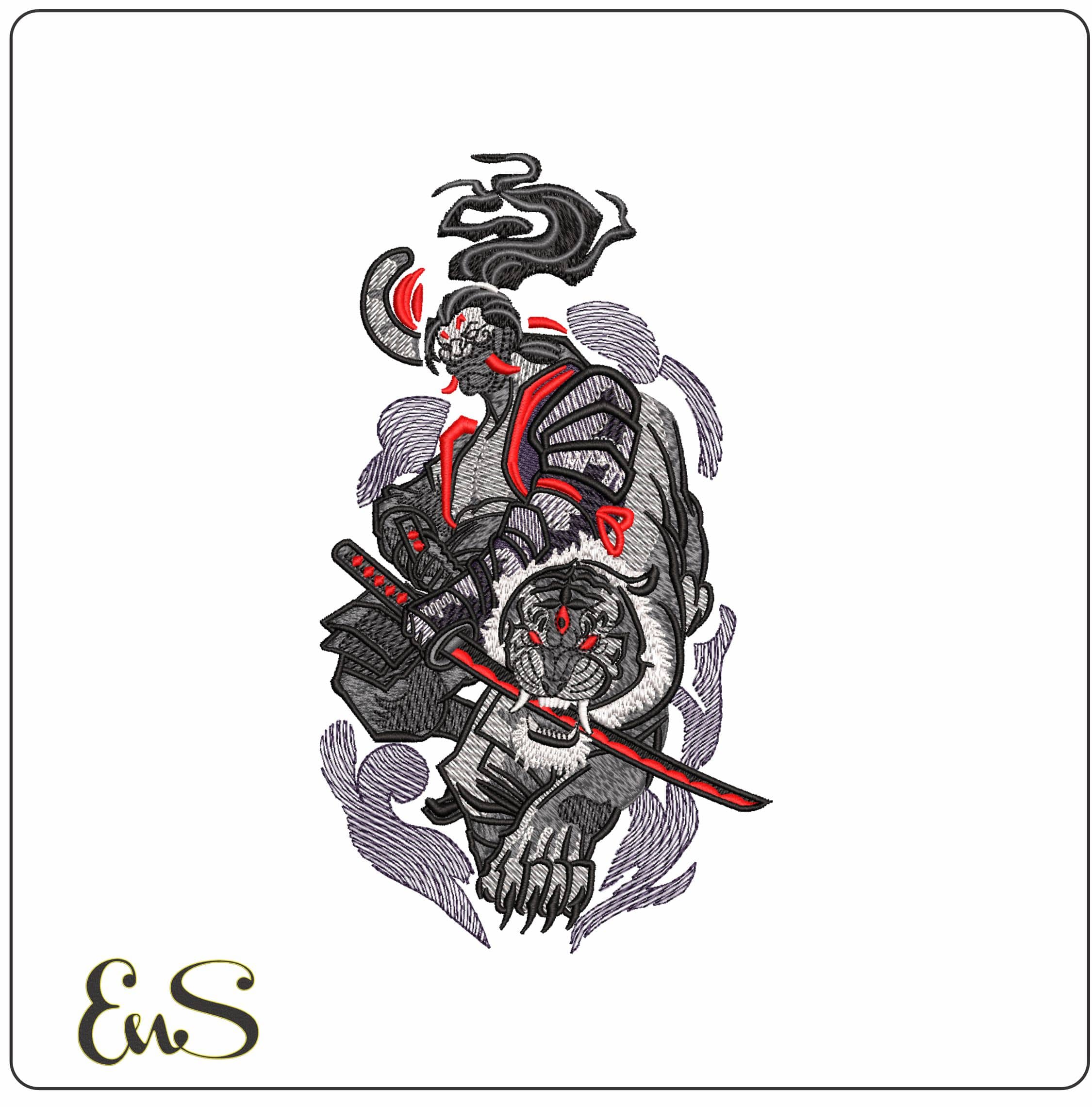 Irezumi Samurai and Tiger Anime- Elegant embroidery design file - instant download