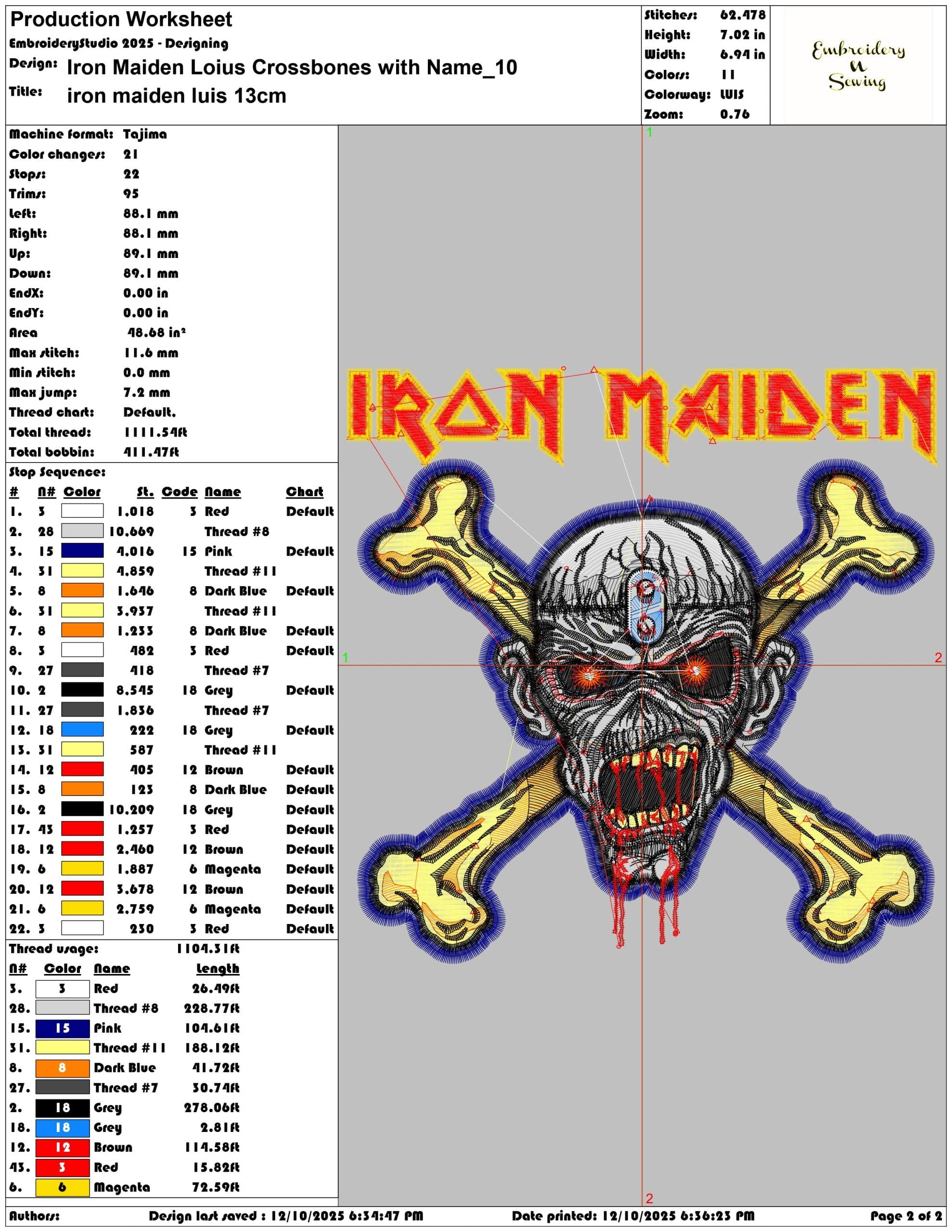 Iron Maiden Loius Crossbones with Name- Elegant embroidery design file - instant download — view 3