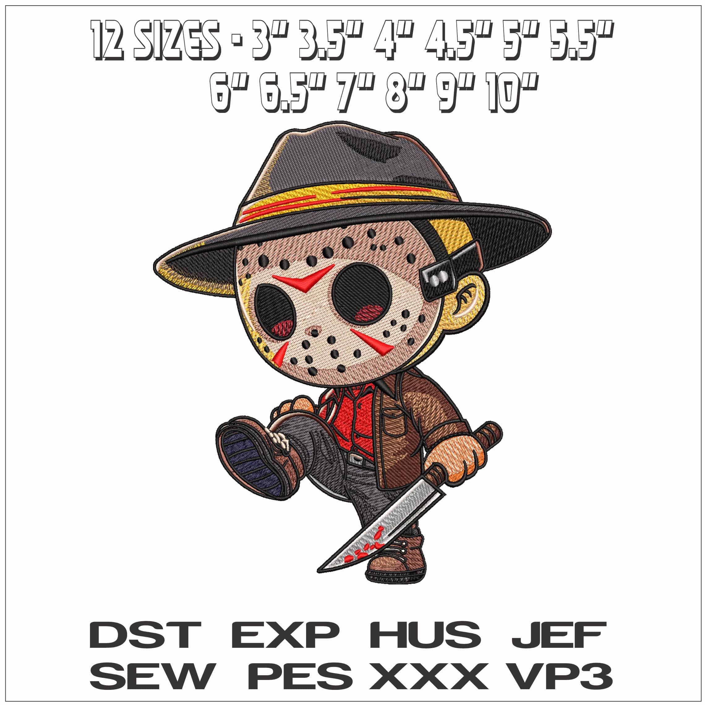 Jason Voorhees Chibi Friday 13 Halloween Foot up- Elegant embroidery design file - instant download — view 2