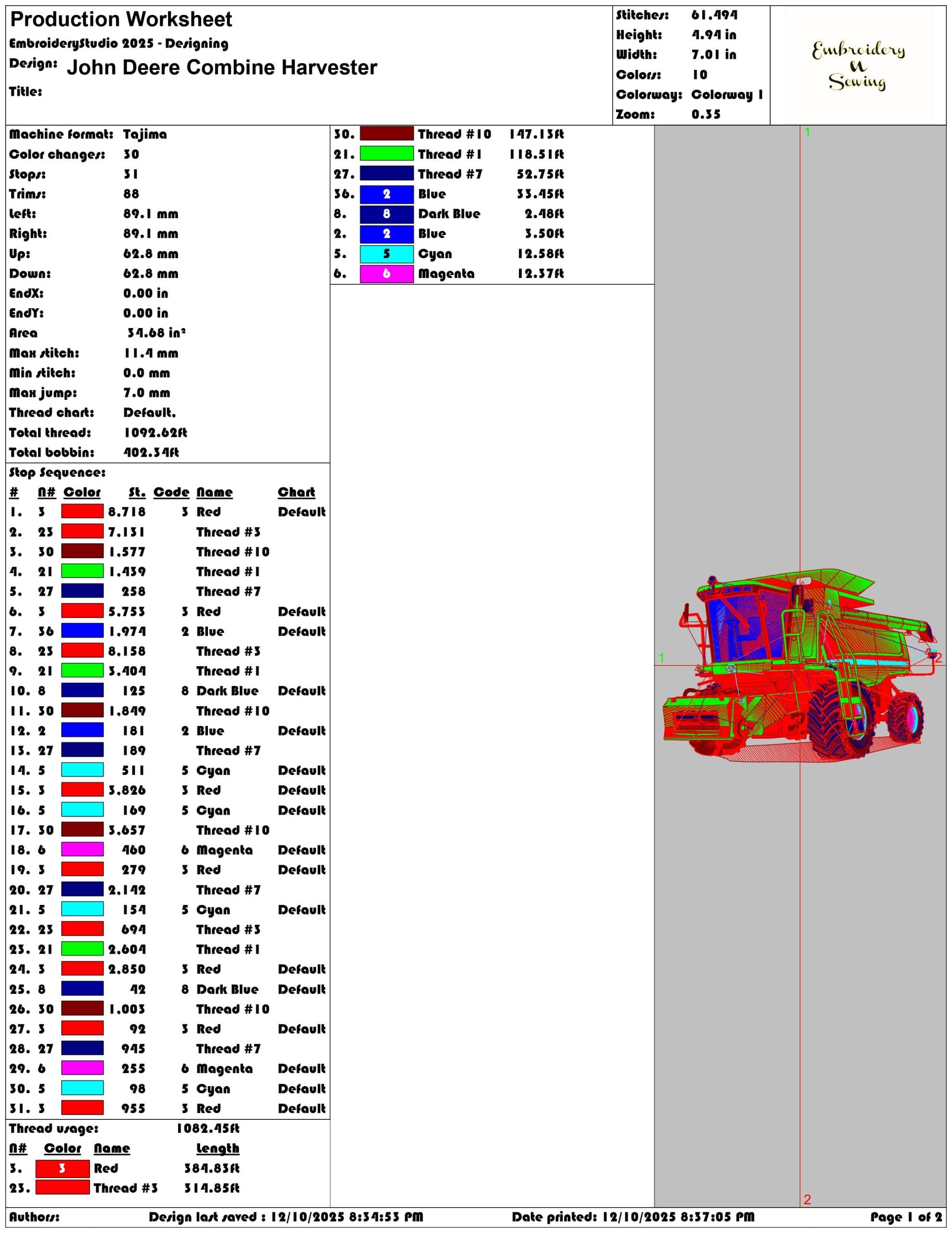 John Deere Combine Harvester- Elegant embroidery design file - instant download — view 3