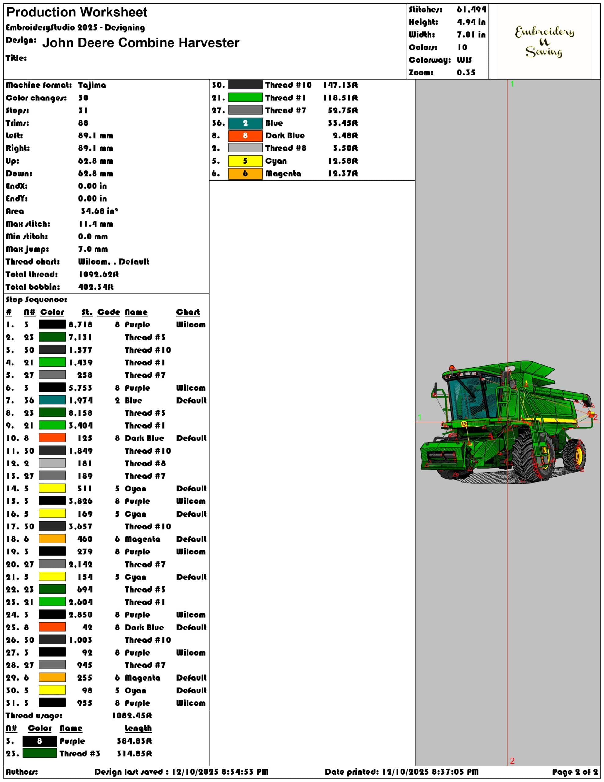 John Deere Combine Harvester- Elegant embroidery design file - instant download — view 4