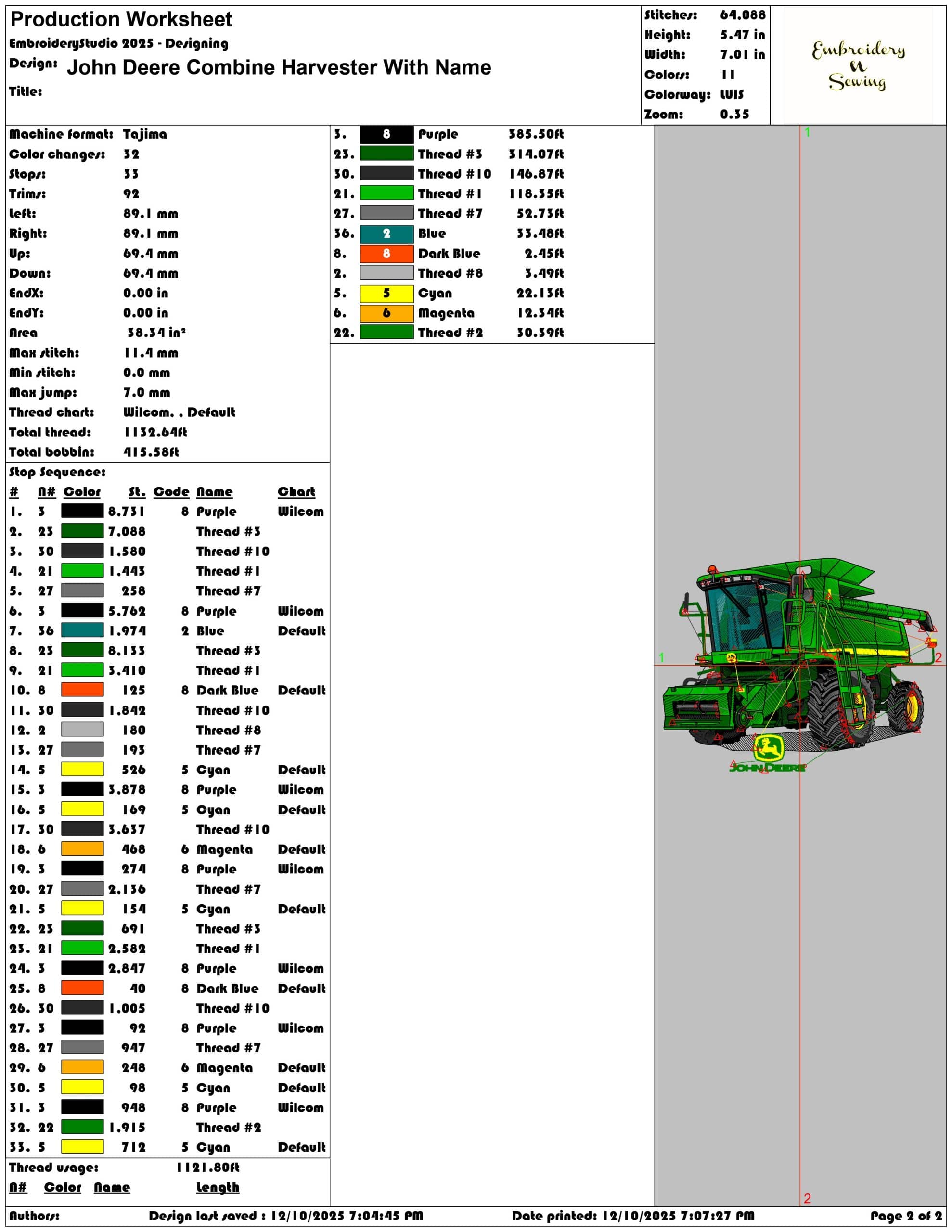 John Deere Combine Harvester With Name- Elegant embroidery design file - instant download — view 4