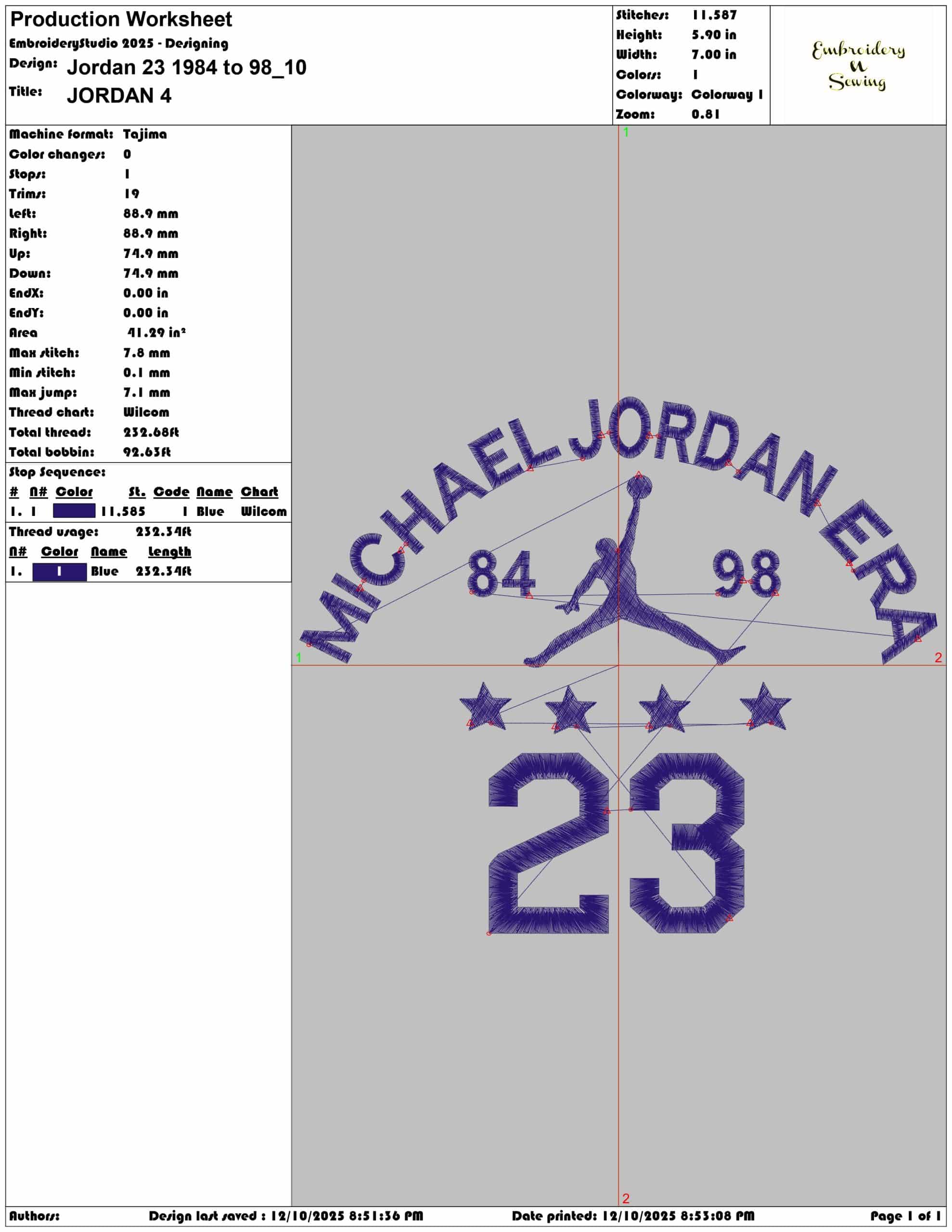 Jordan 23 1984 to 98- Elegant embroidery design file - instant download — view 3