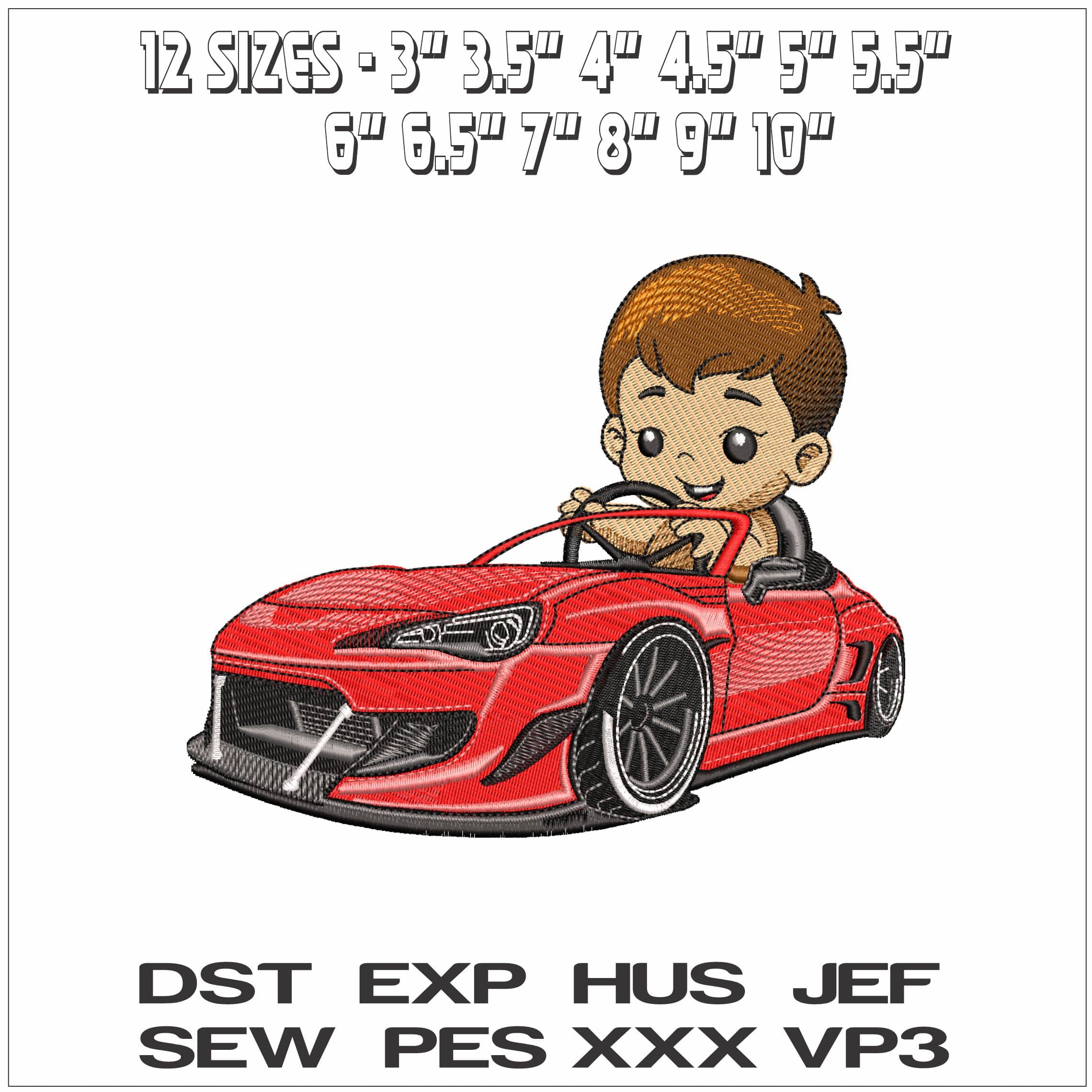 Kid in sports car- Elegant embroidery design file - instant download — view 2