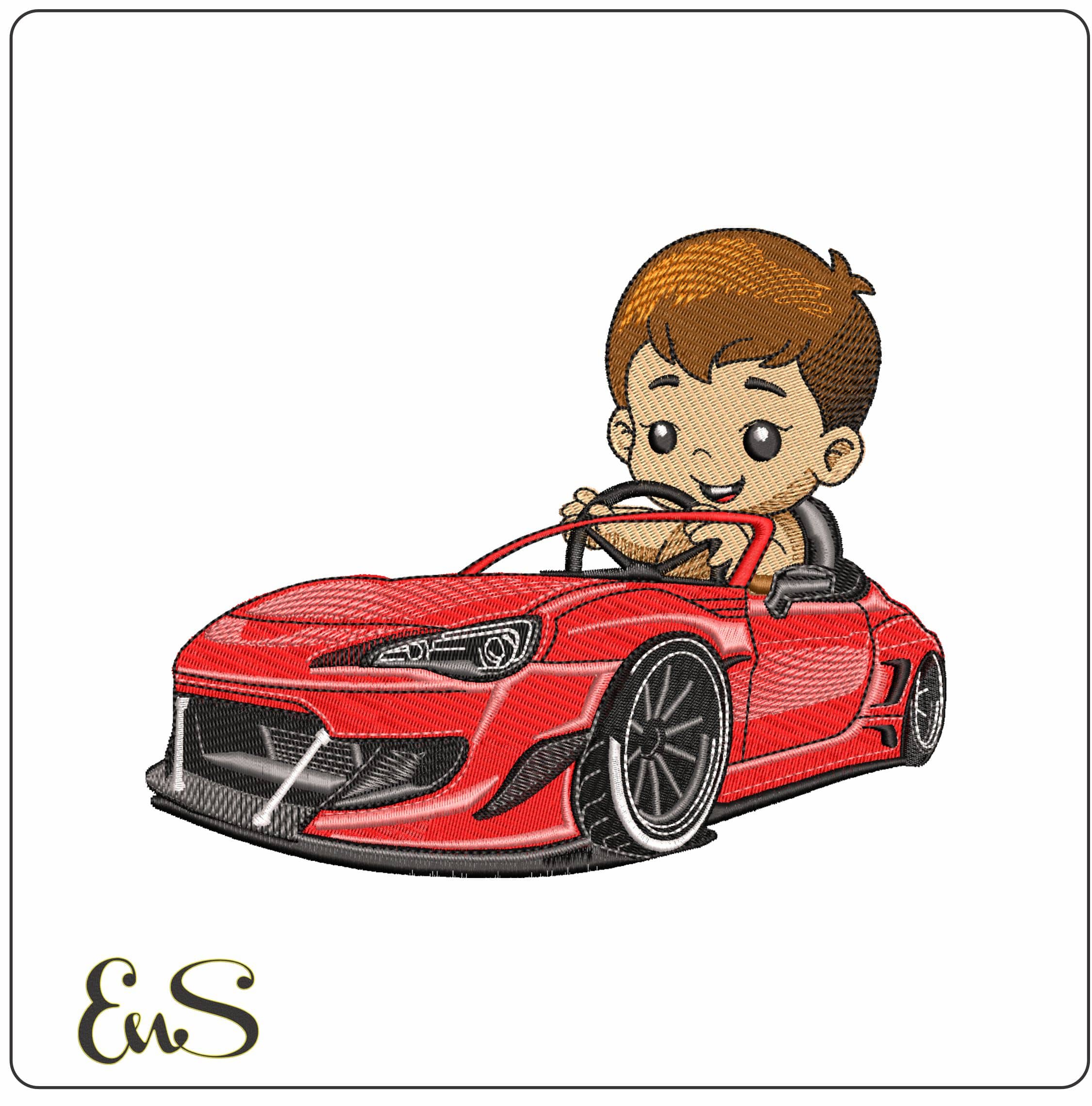 Kid in sports car- Elegant embroidery design file - instant download
