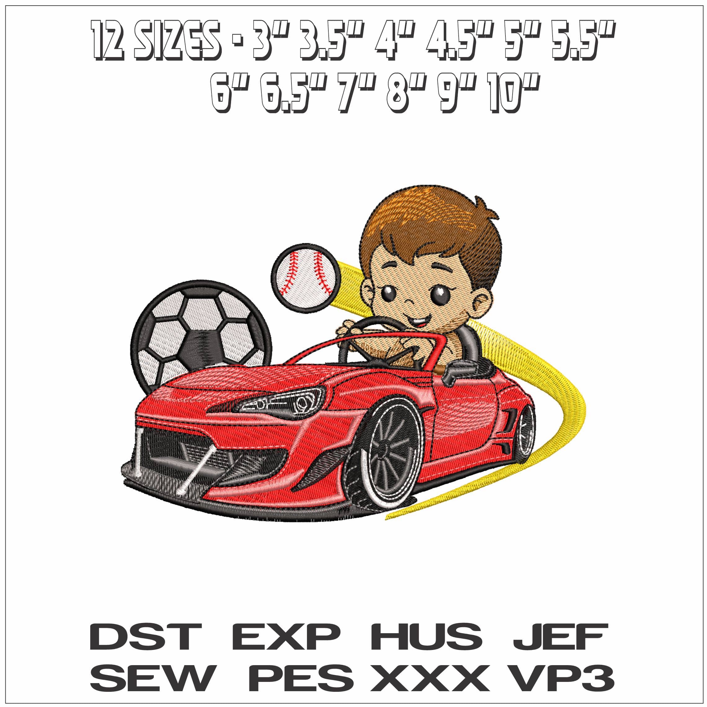 Kid in sports car with football- Elegant embroidery design file - instant download — view 2