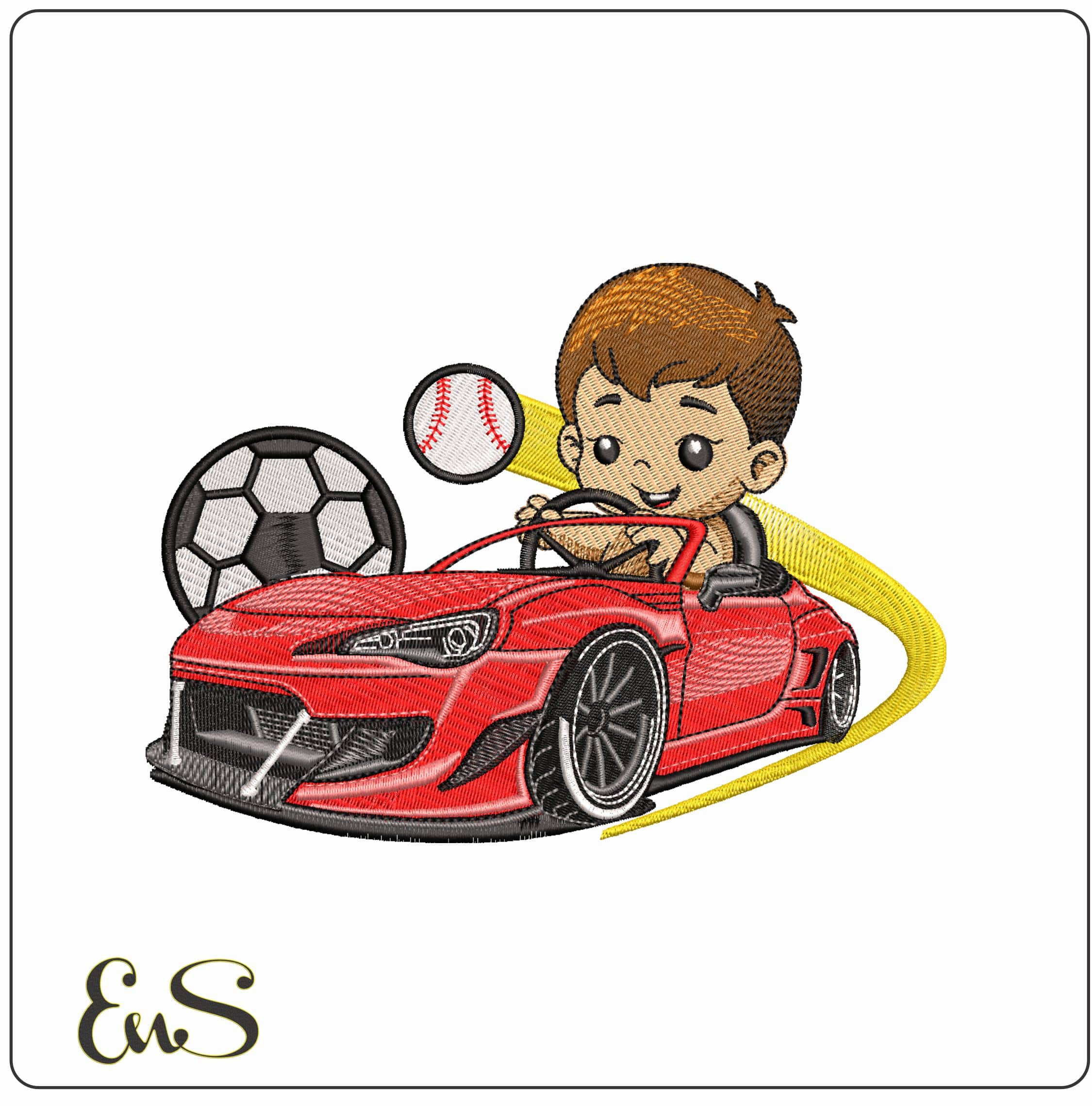 Kid in sports car with football- Elegant embroidery design file - instant download