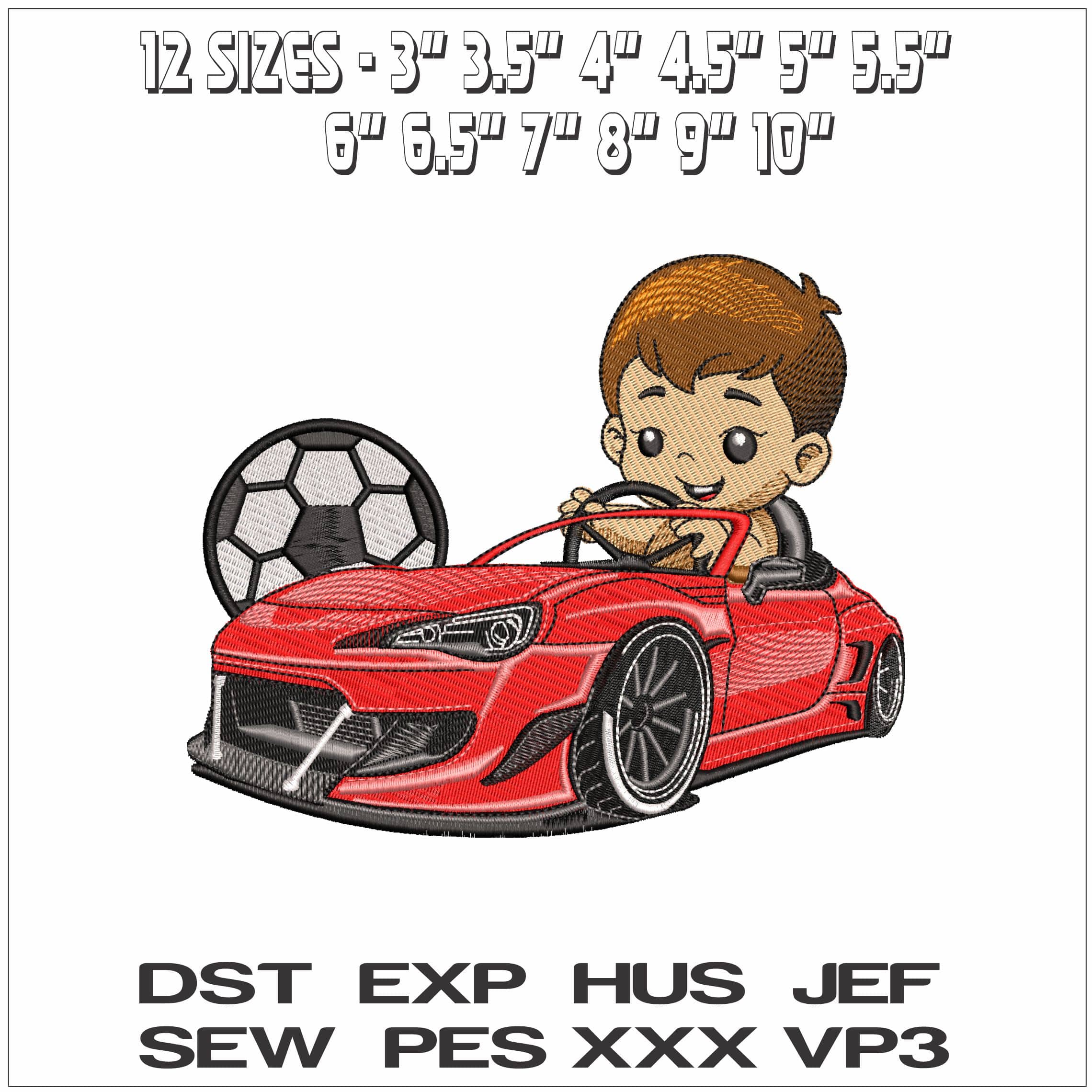 Kid in sports car with Soccer Ball- Elegant embroidery design file - instant download — view 2