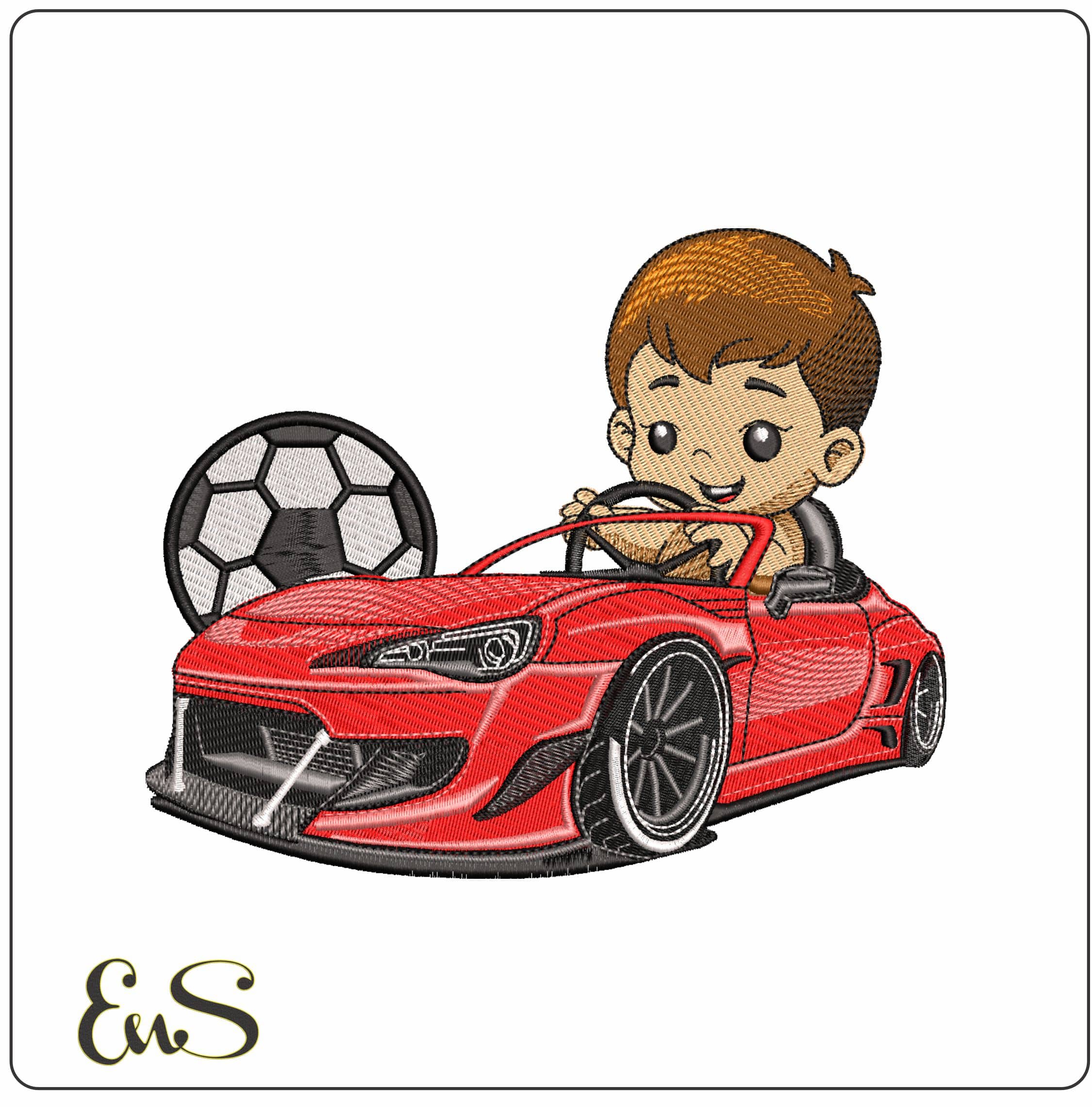 Kid in sports car with Soccer Ball- Elegant embroidery design file - instant download