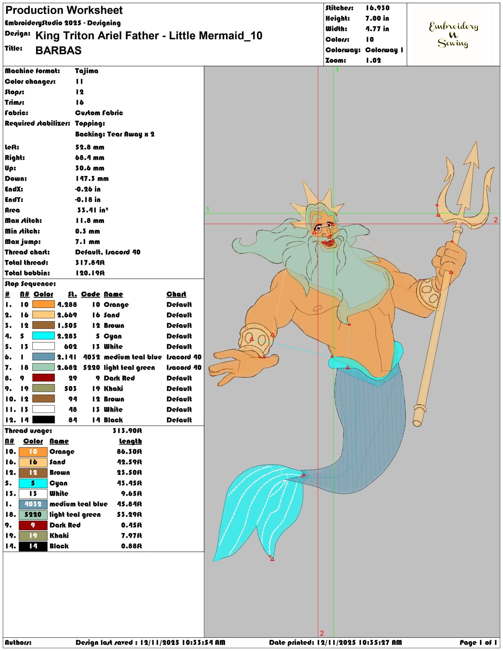 King Triton Ariel Father Little Mermaid- Elegant embroidery design file - instant download — view 3