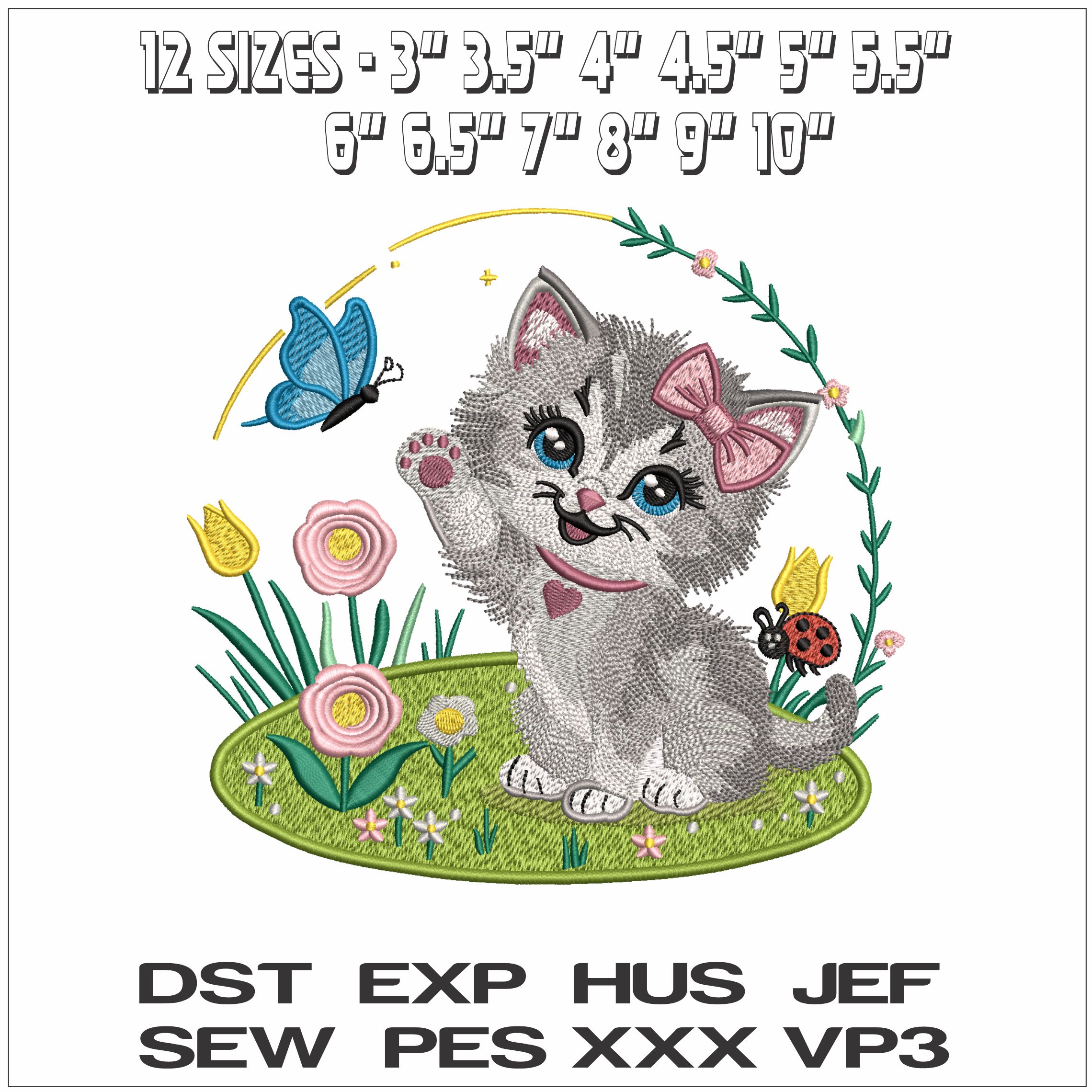Kitten playing with Butterfly with flowers- Elegant embroidery design file - instant download — view 2