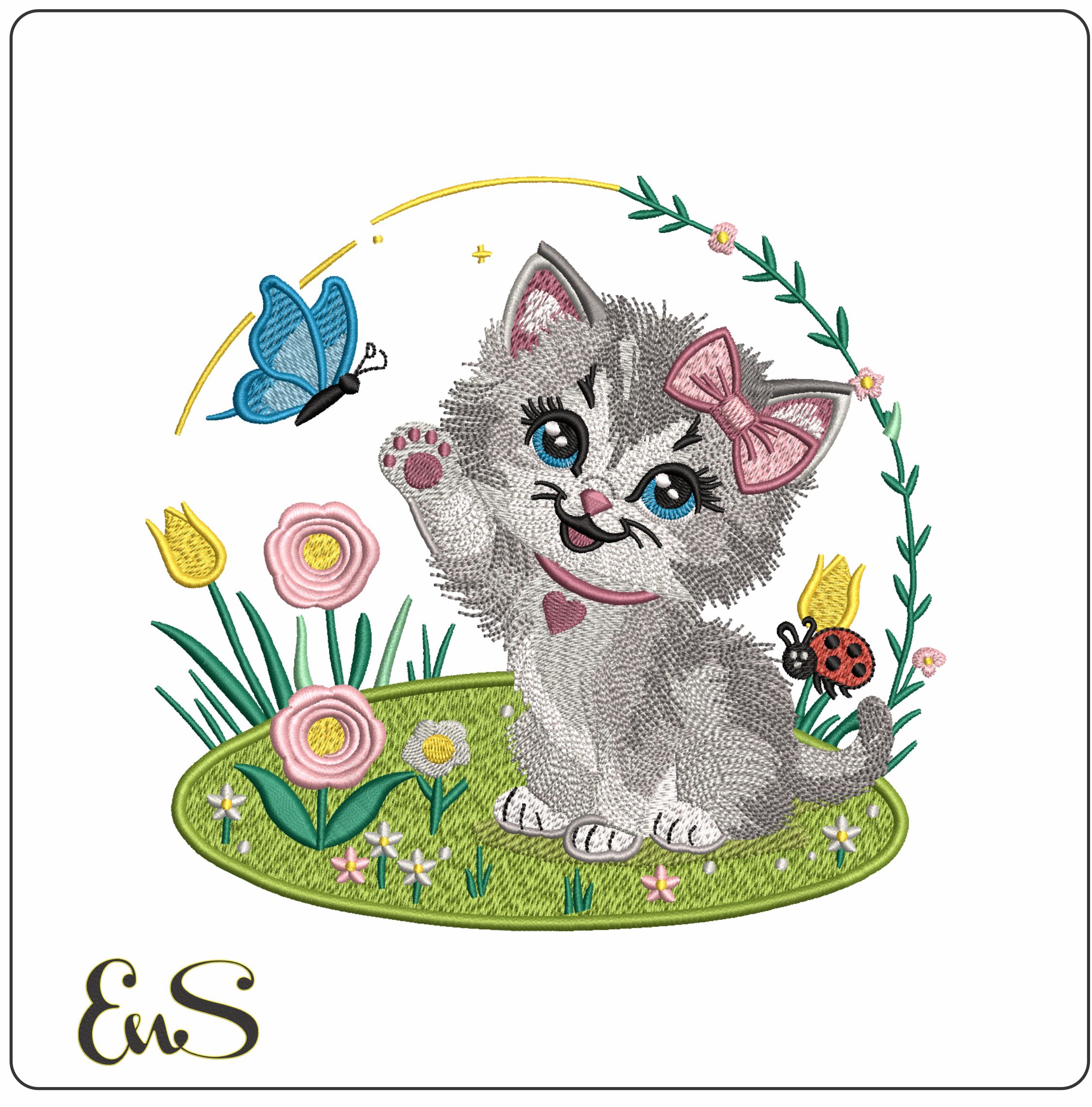 Kitten playing with Butterfly with flowers- Elegant embroidery design file - instant download