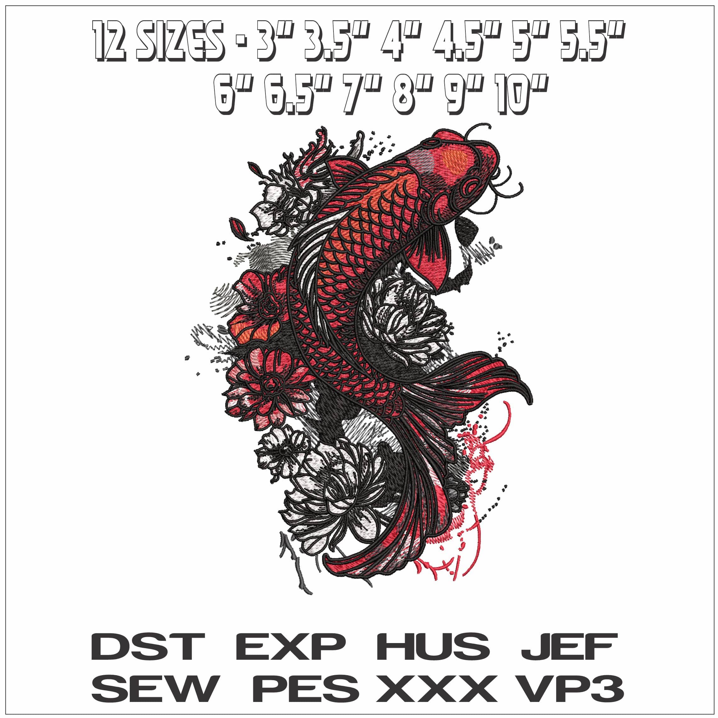 Koi Carp in the Lillies- Elegant embroidery design file - instant download — view 2