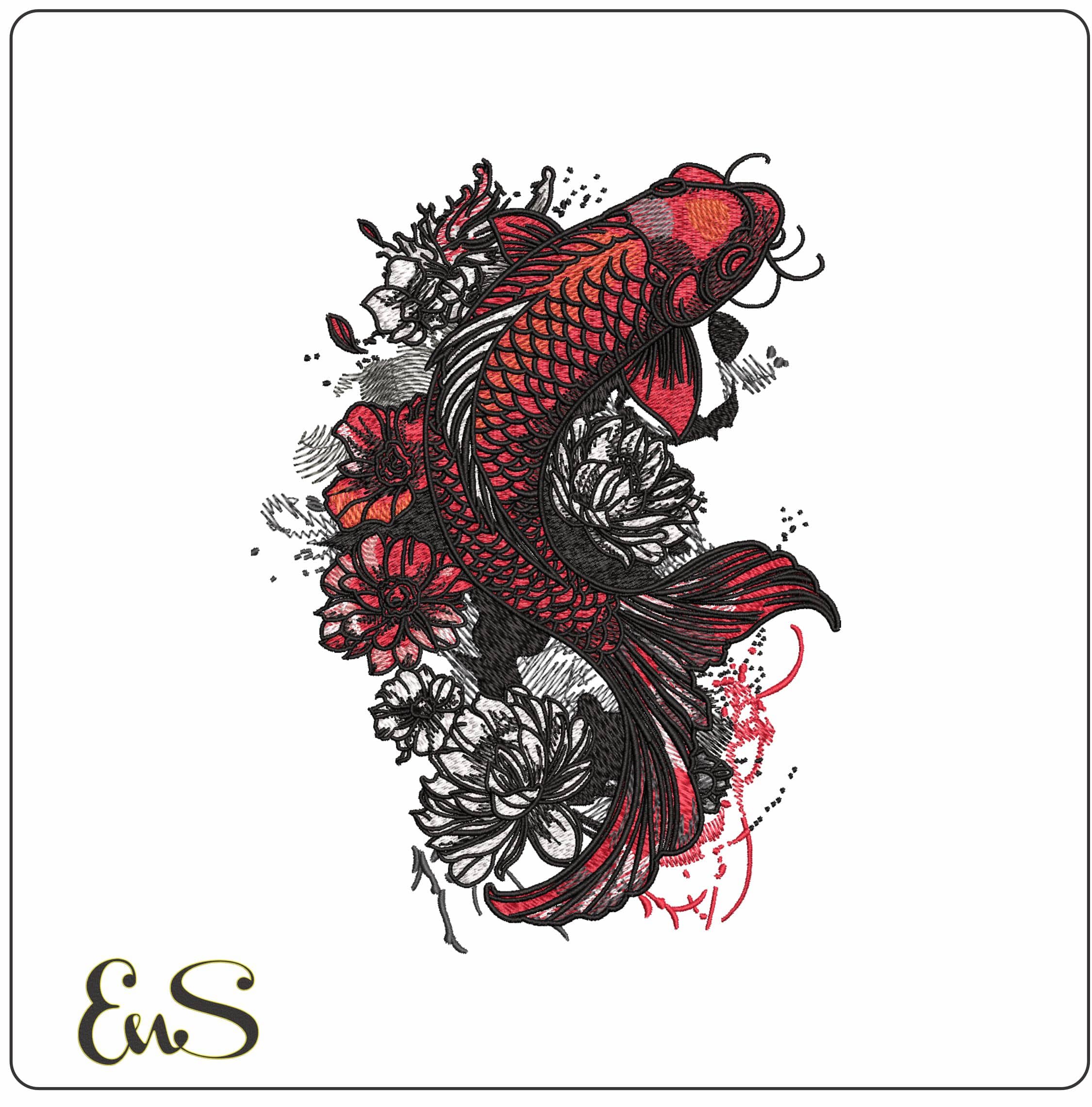 Koi Carp in the Lillies- Elegant embroidery design file - instant download